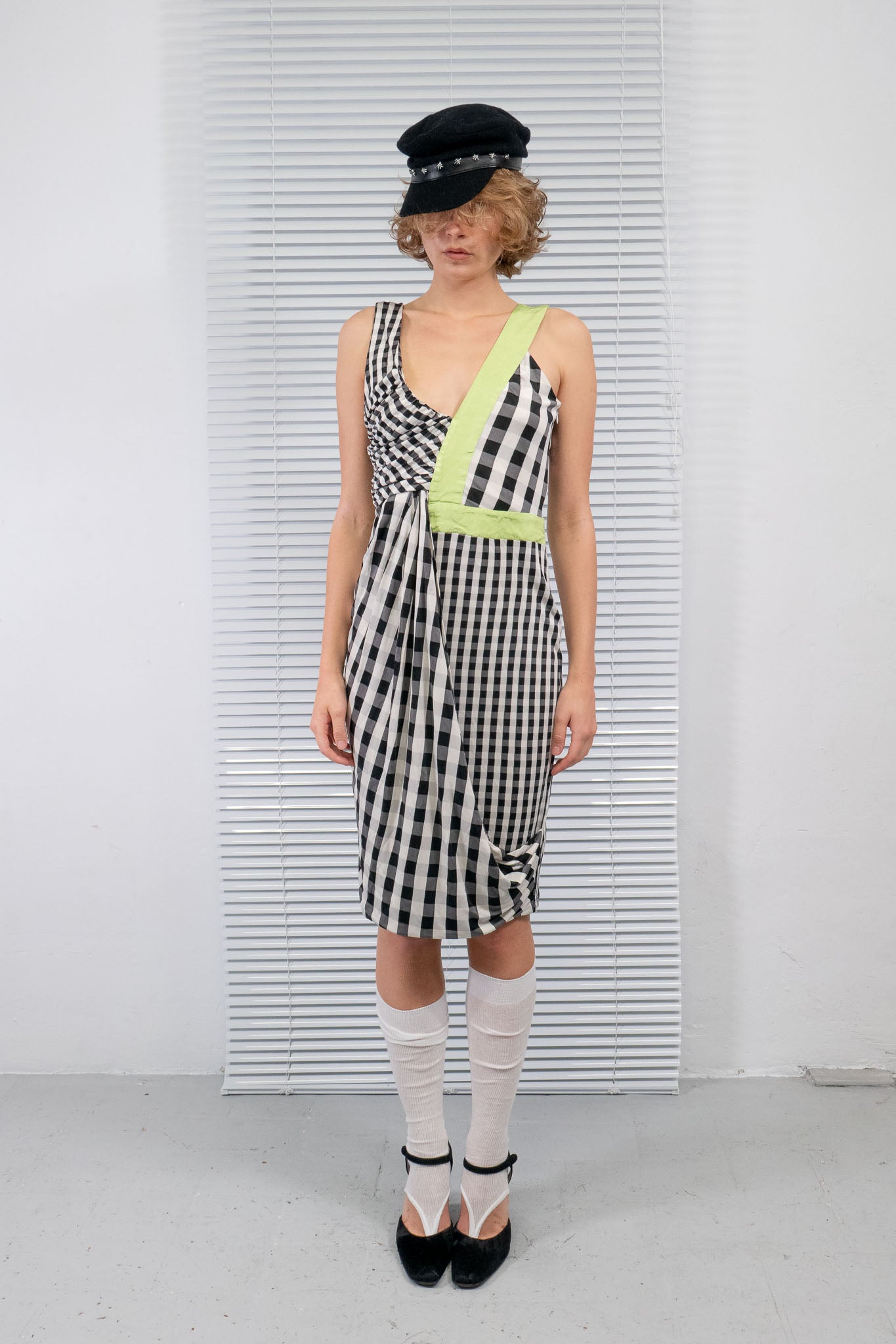 ARMANI GINGHAM LIME DRAPED DRESS