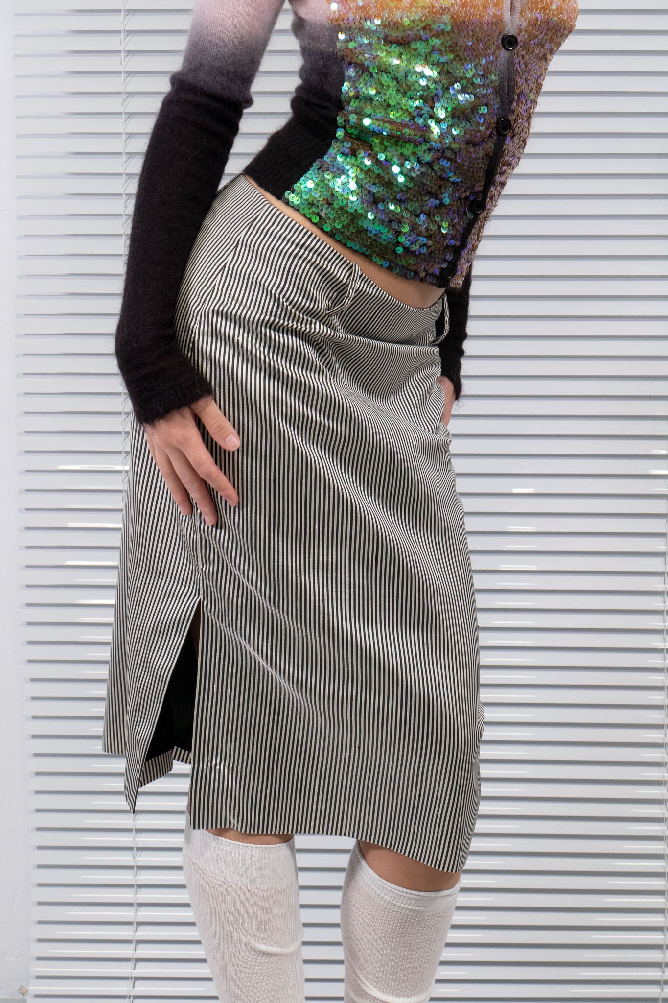 STRIPED SILK MIDI SKIRT