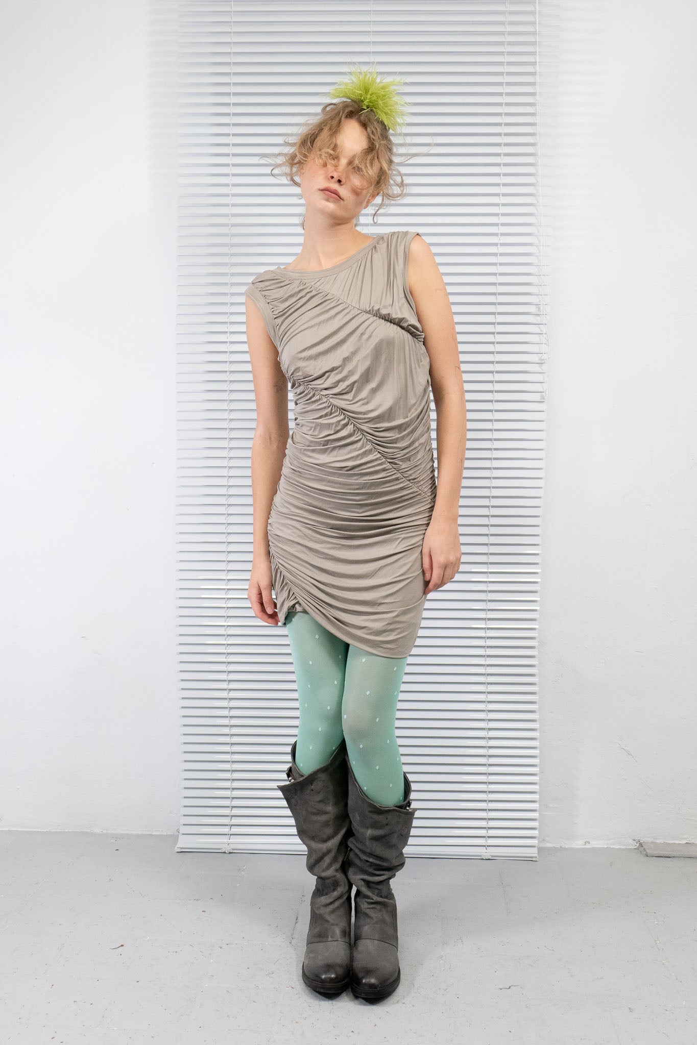 RUCHED LIGHT GREY SCULPTURAL DRESS