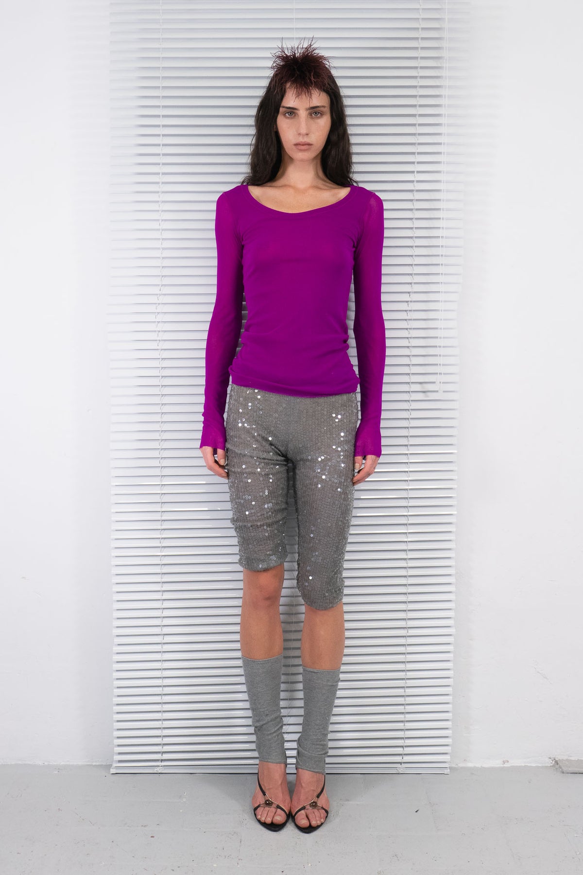 JEAN PAUL GAULTIER FUCHSIA SHEER MESH LONG SLEEVE TOP