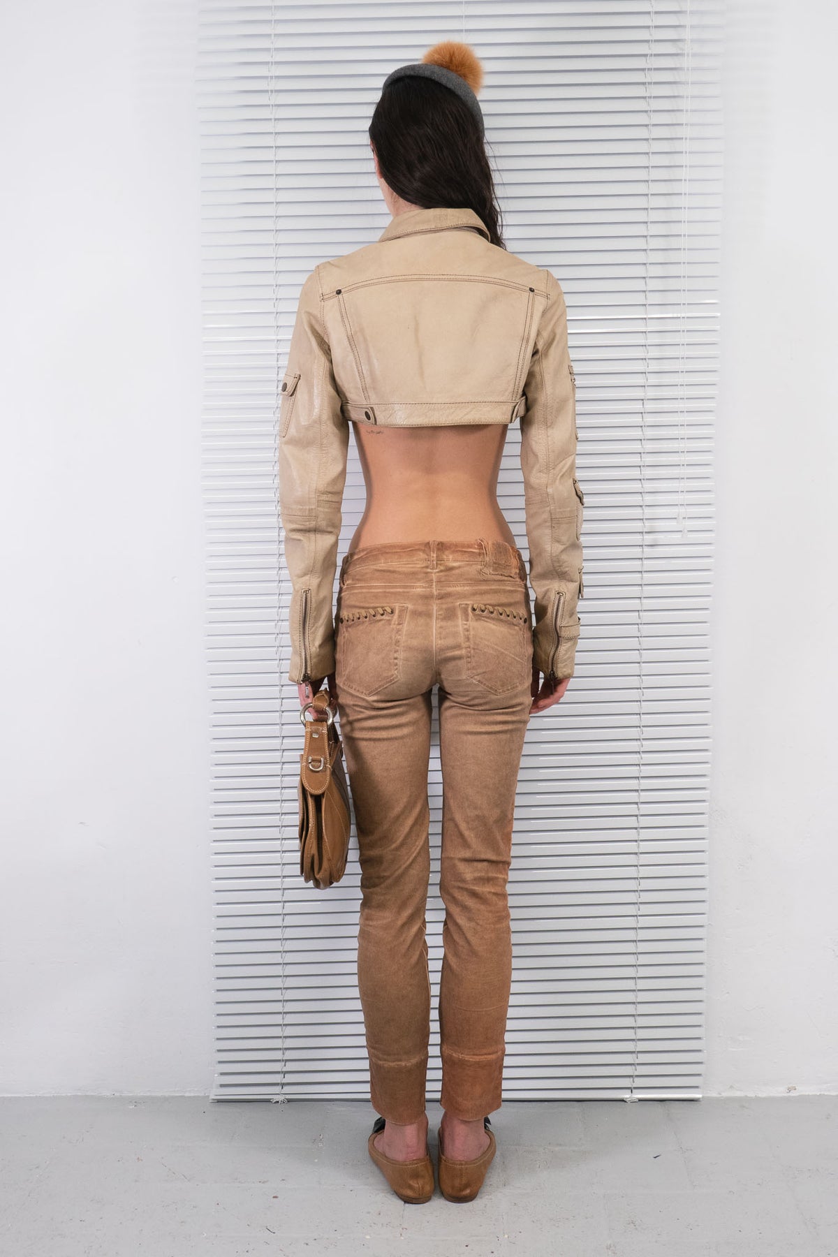 SAND LEATHER CROPPED UTILITY JACKET