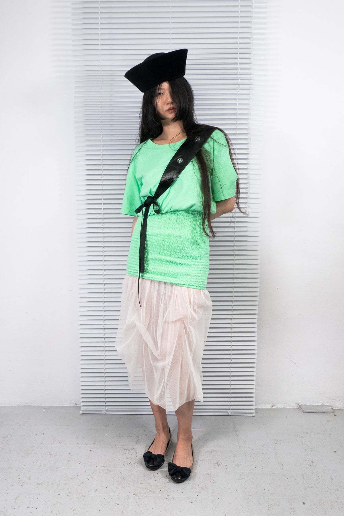 MOSCHINO GREEN NEON SMOCKED WAIST TOP