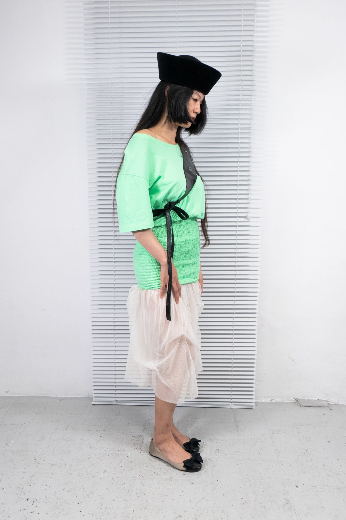 MOSCHINO GREEN NEON SMOCKED WAIST TOP