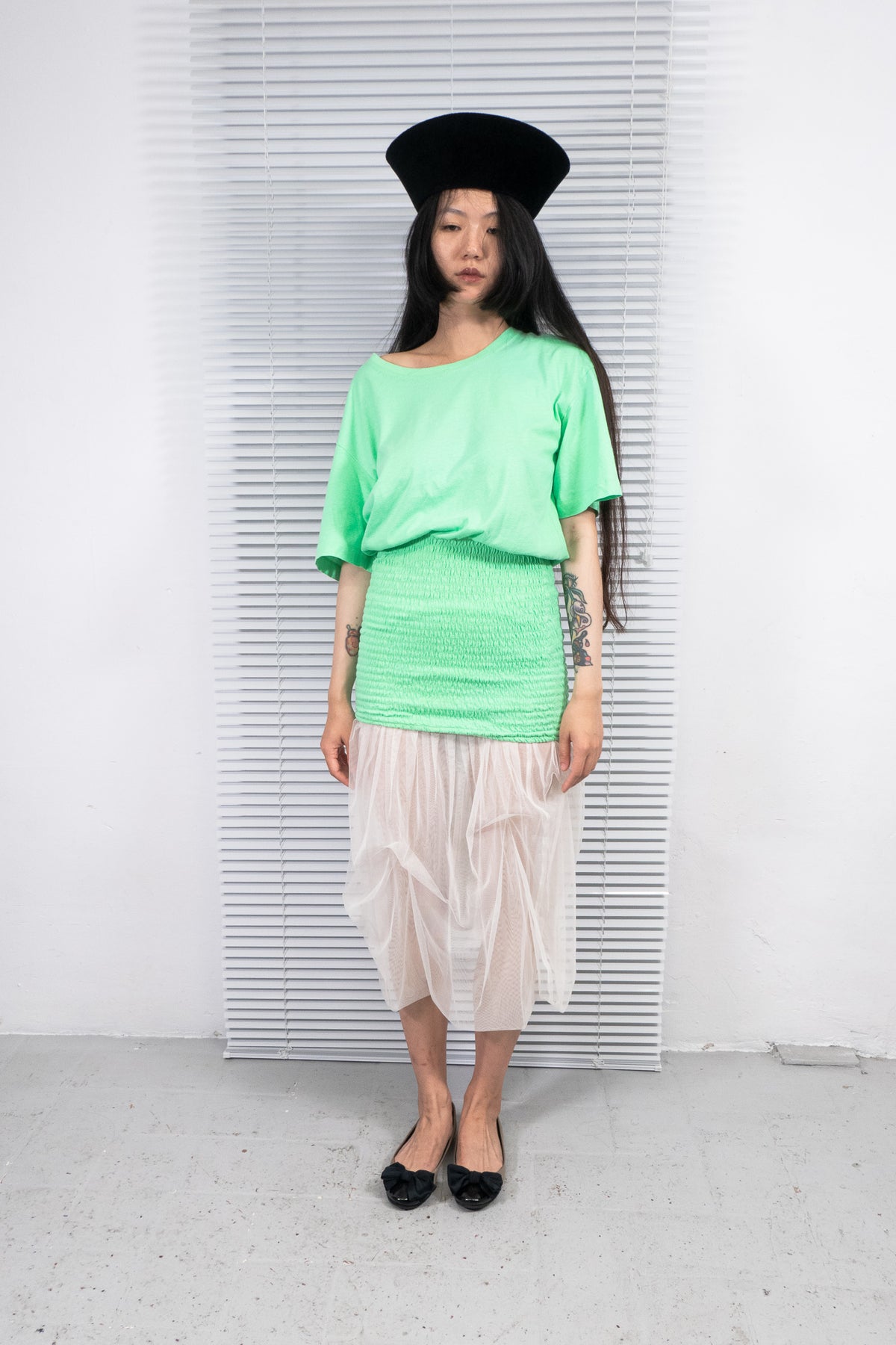MOSCHINO GREEN NEON SMOCKED WAIST TOP