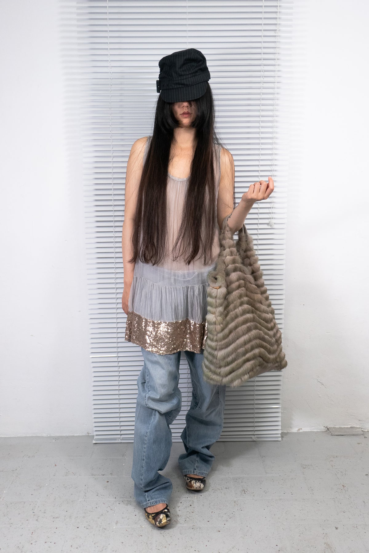 SAGE GREEN FUR PANEL SHOULDER BAG