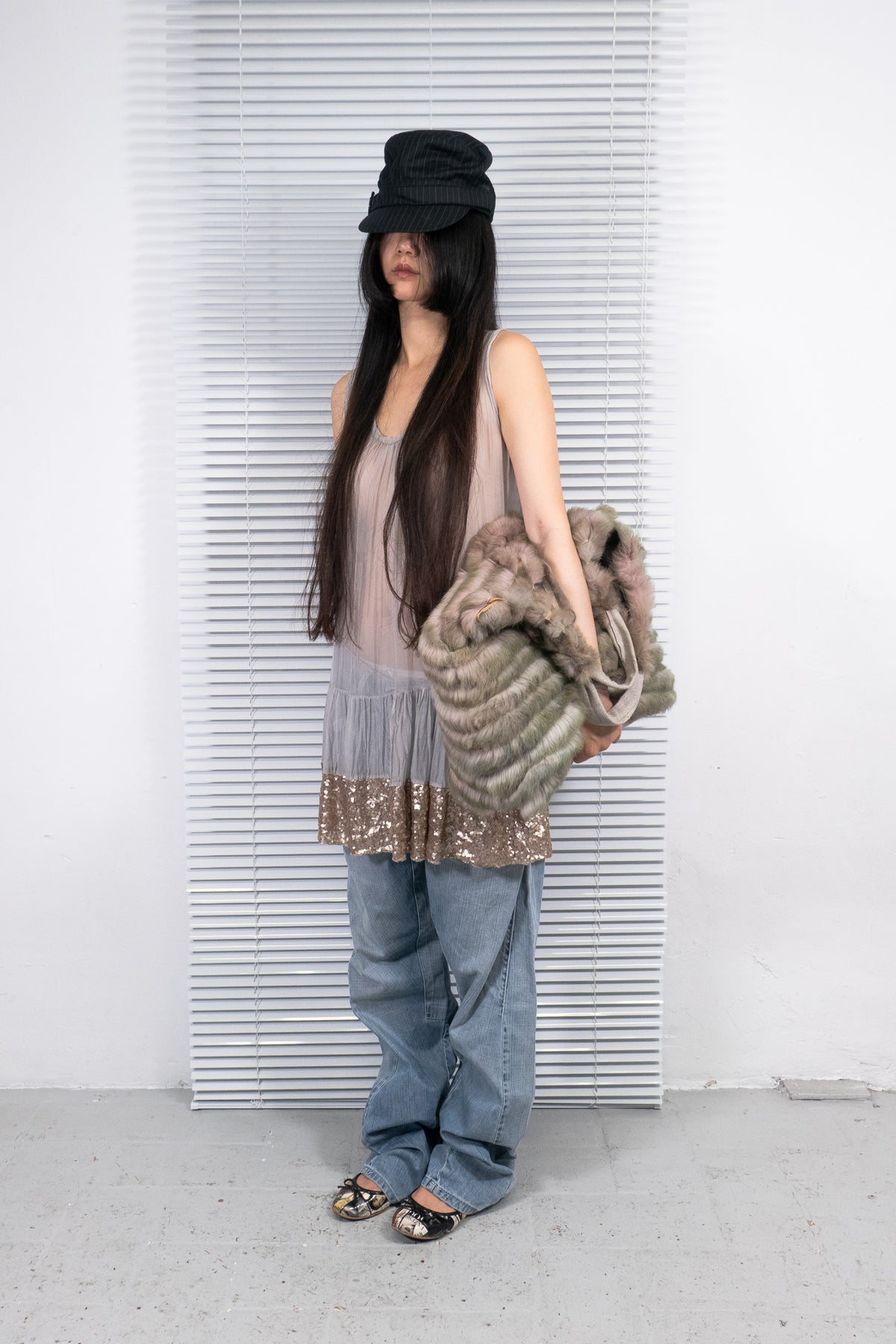 SAGE GREEN FUR PANEL SHOULDER BAG