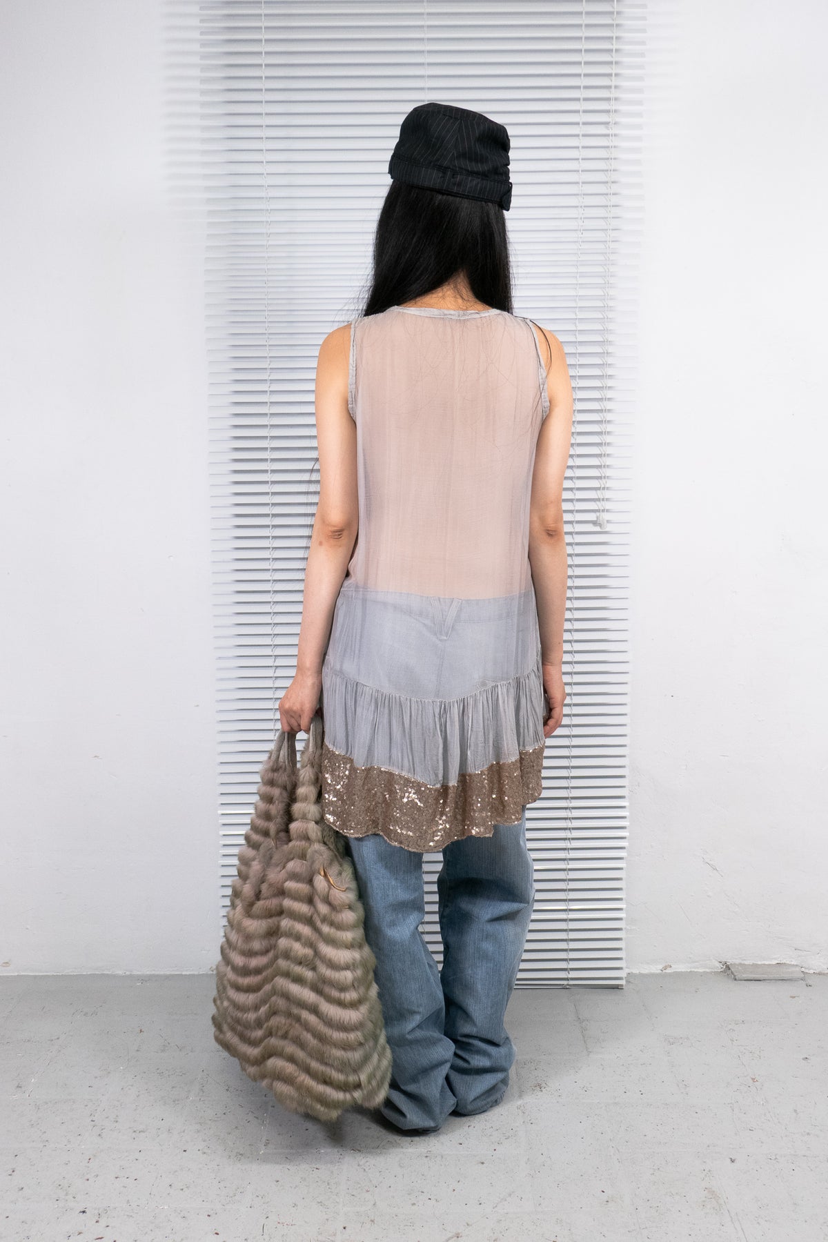 GREY SEE-THROUGH SILK SEQUIN DRESS