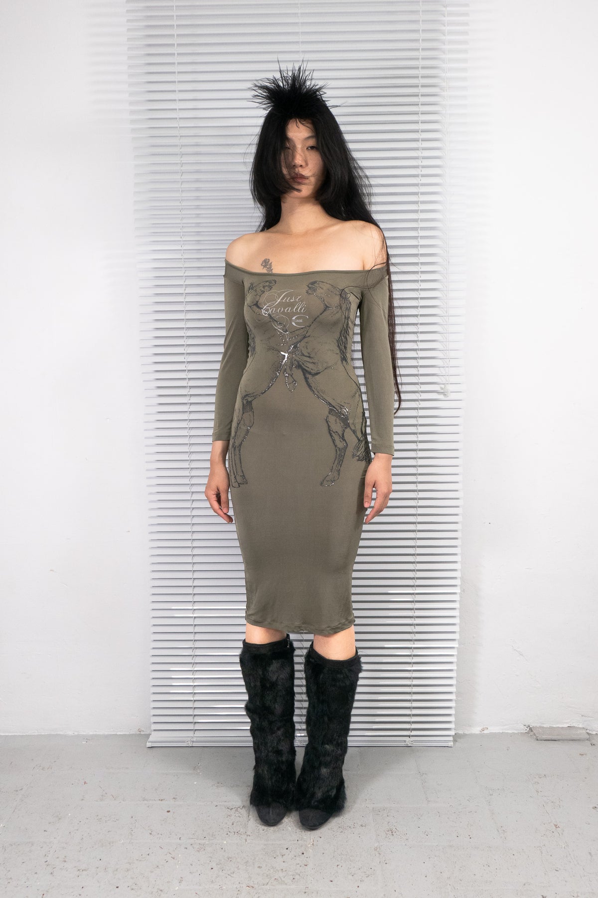 ROBERTO CAVALLI HORSE TEXTURED MIDI DRESS