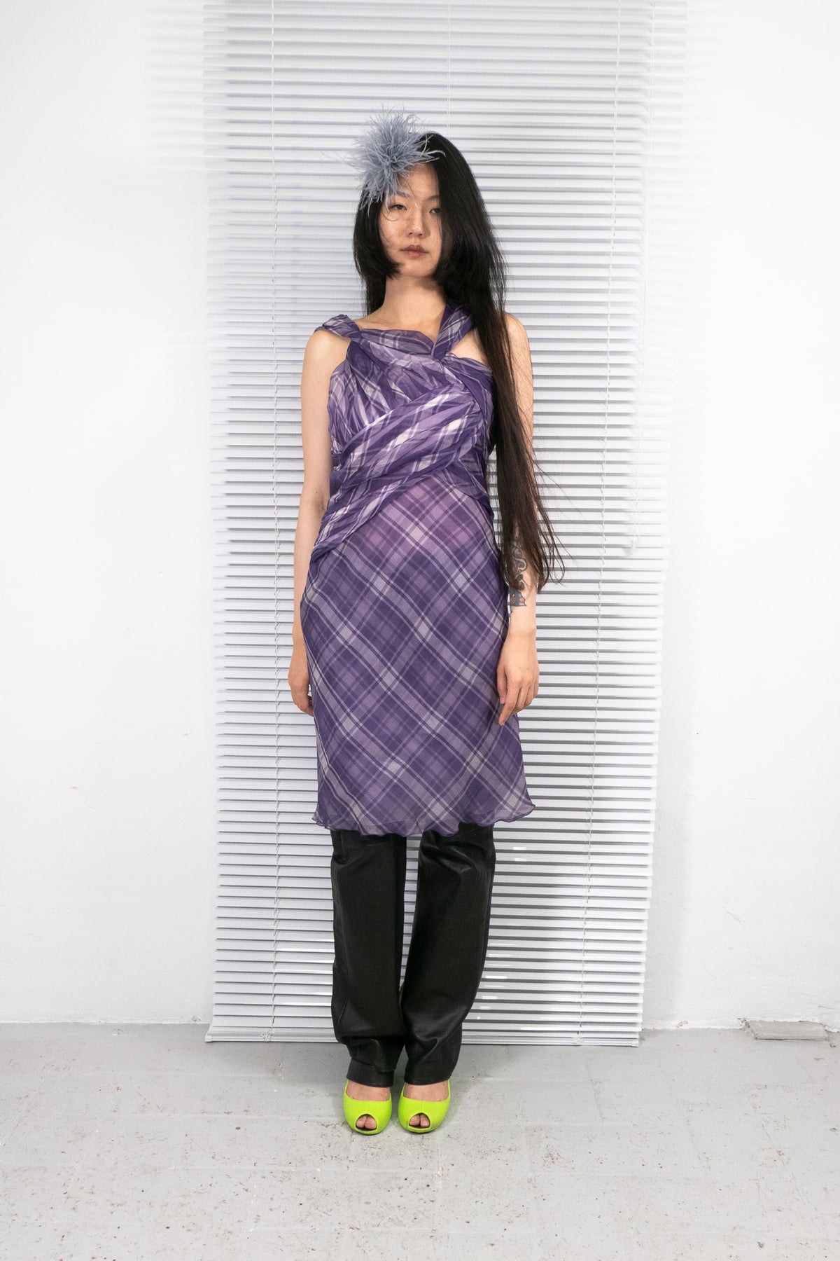 PURPLE SILK PLAID DRAPED DRESS
