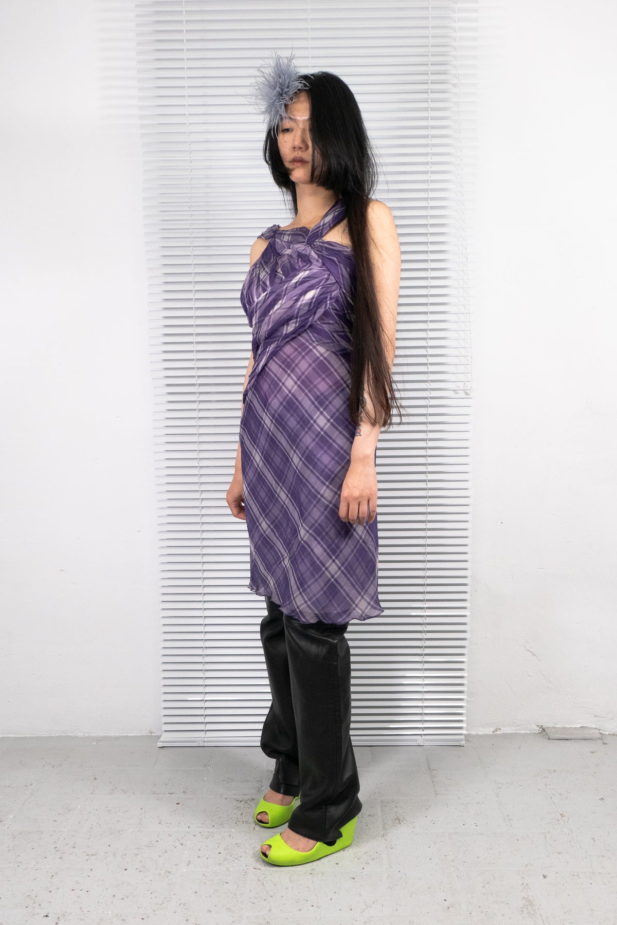 PURPLE SILK PLAID DRAPED DRESS