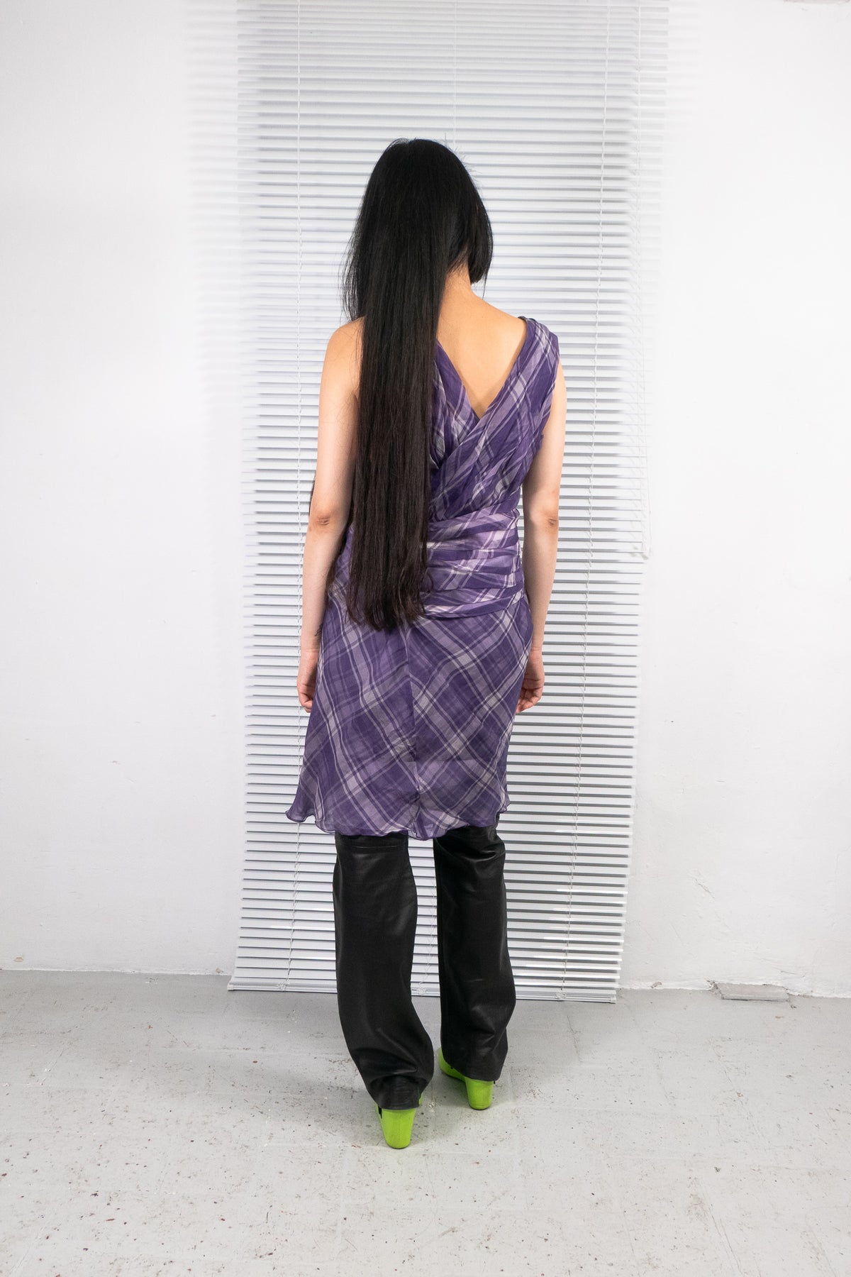 PURPLE SILK PLAID DRAPED DRESS