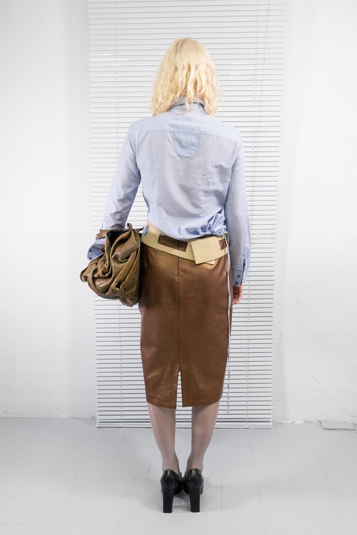 METALLIC BRONZE LEATHER MIDI SKIRT
