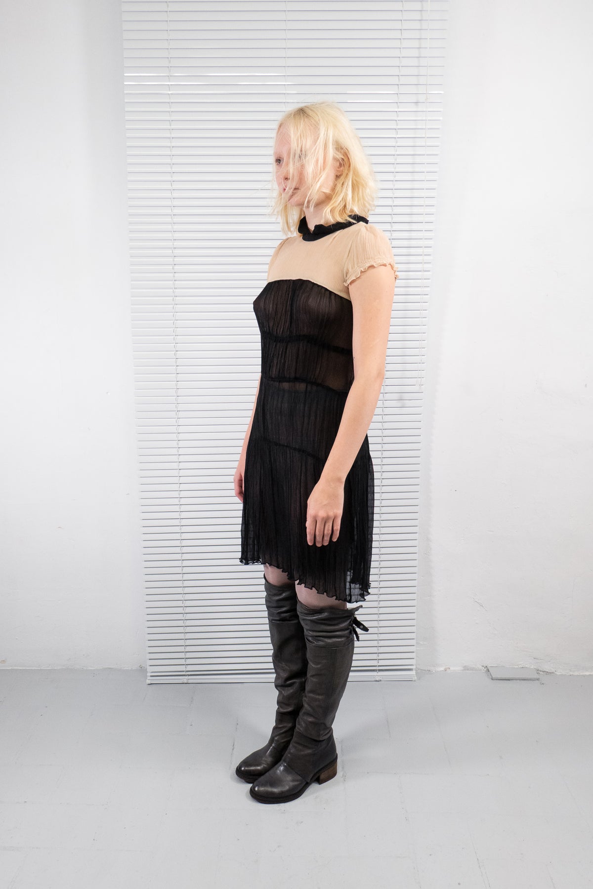 TWO-TONED SILK SHEER MIDI DRESS