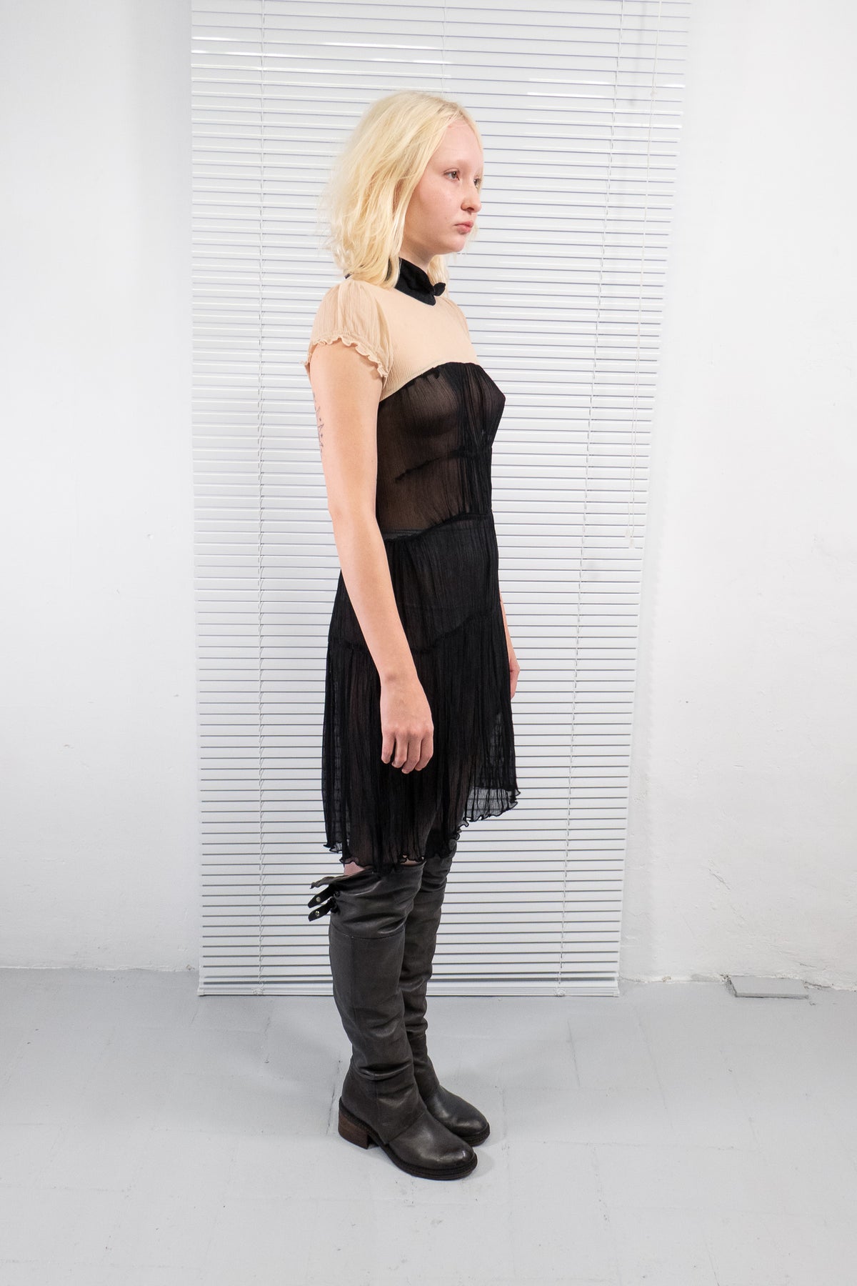 TWO-TONED SILK SHEER MIDI DRESS