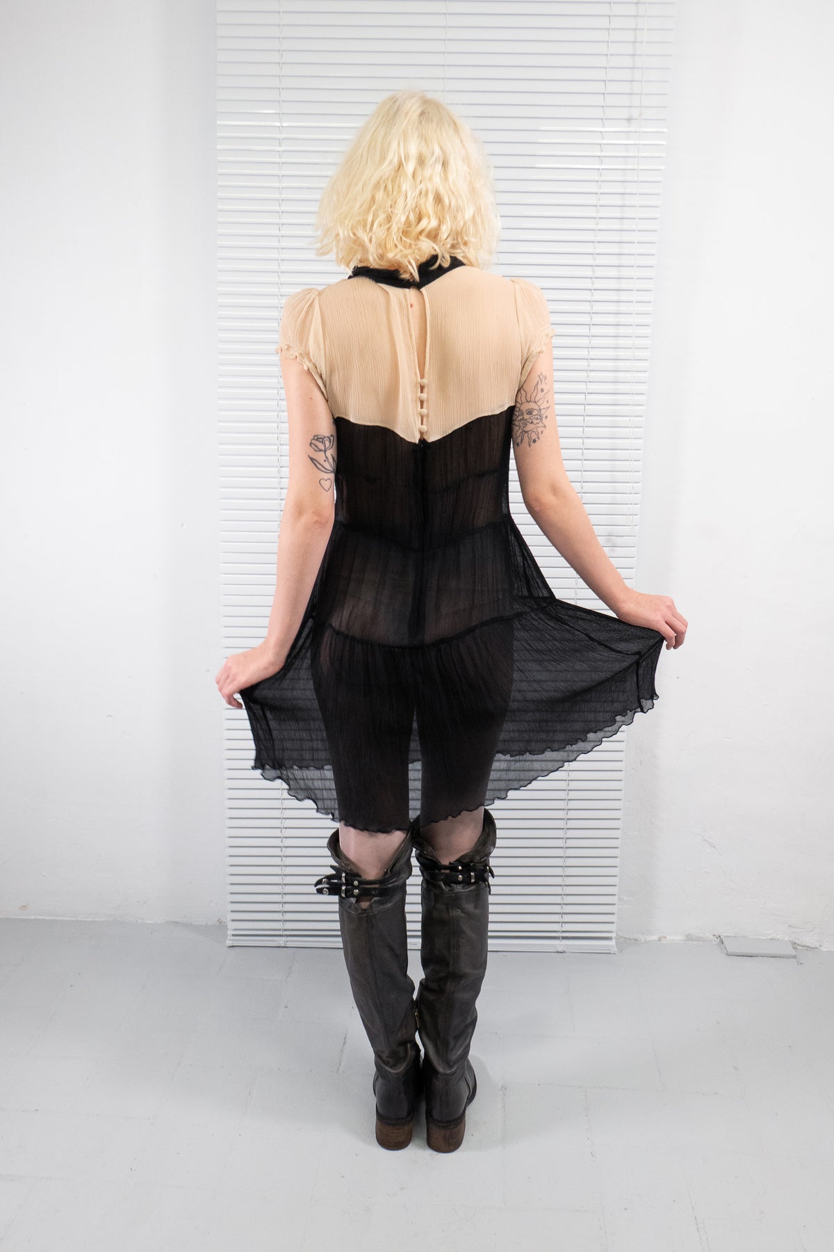 TWO-TONED SILK SHEER MIDI DRESS