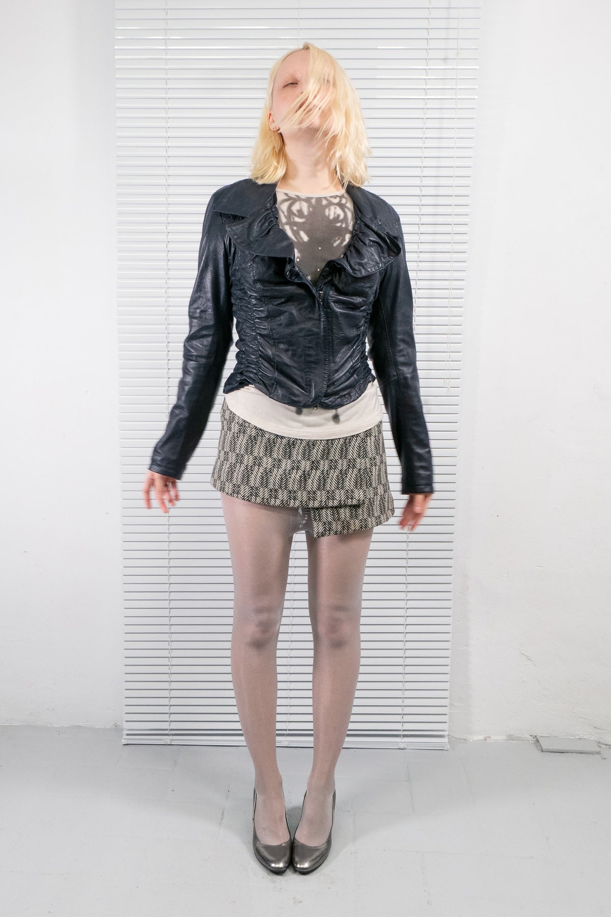 DARK BLUE RUCHED LEATHER JACKET