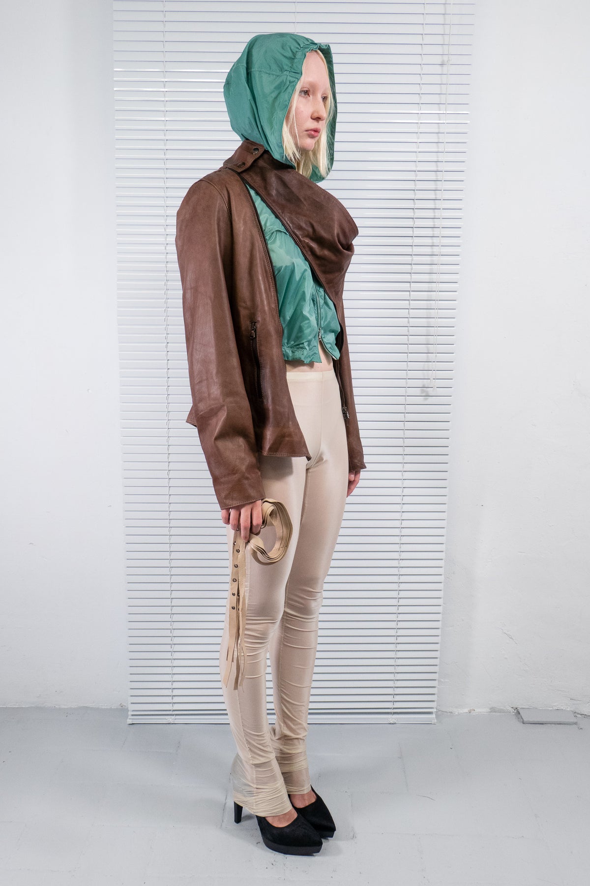 BROWN ASYMMETRIC ZIP LEATHER JACKET
