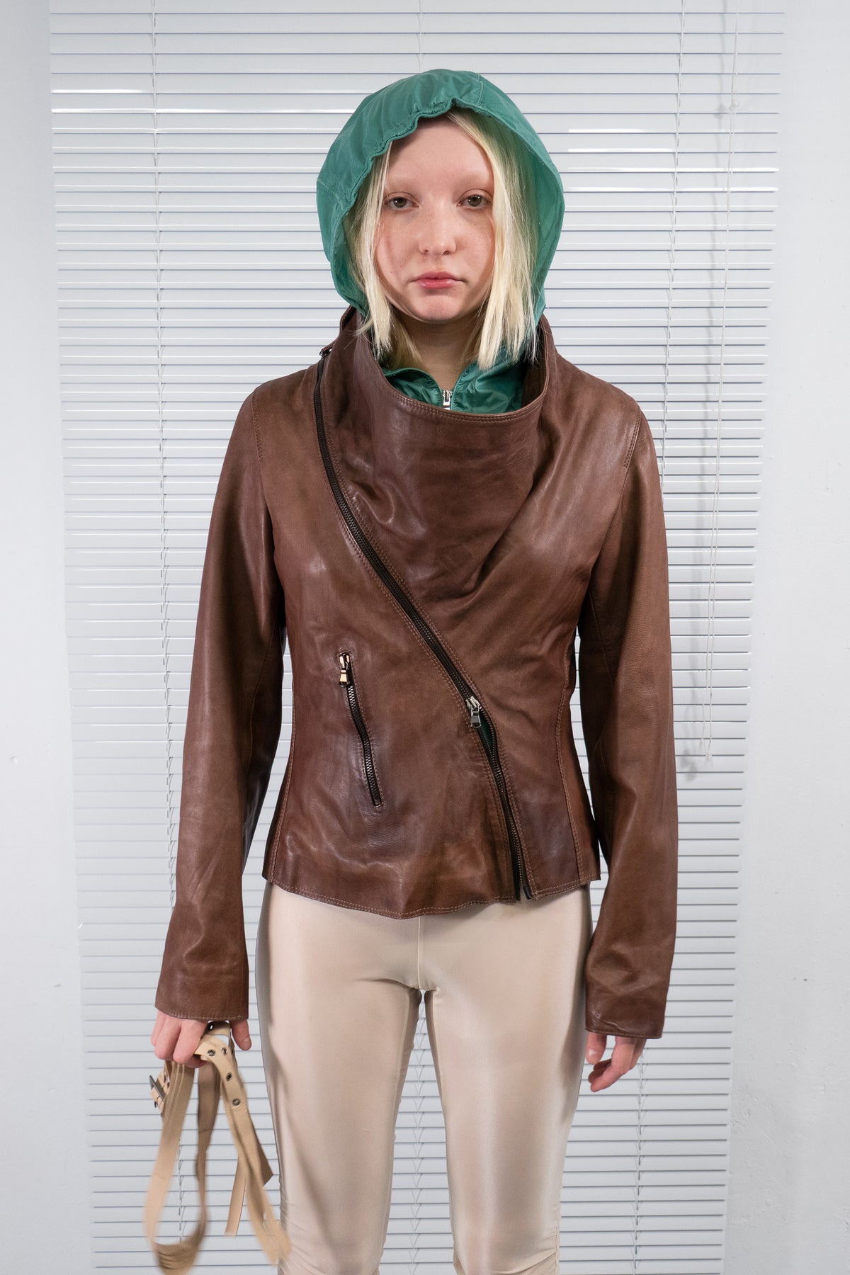 BROWN ASYMMETRIC ZIP LEATHER JACKET