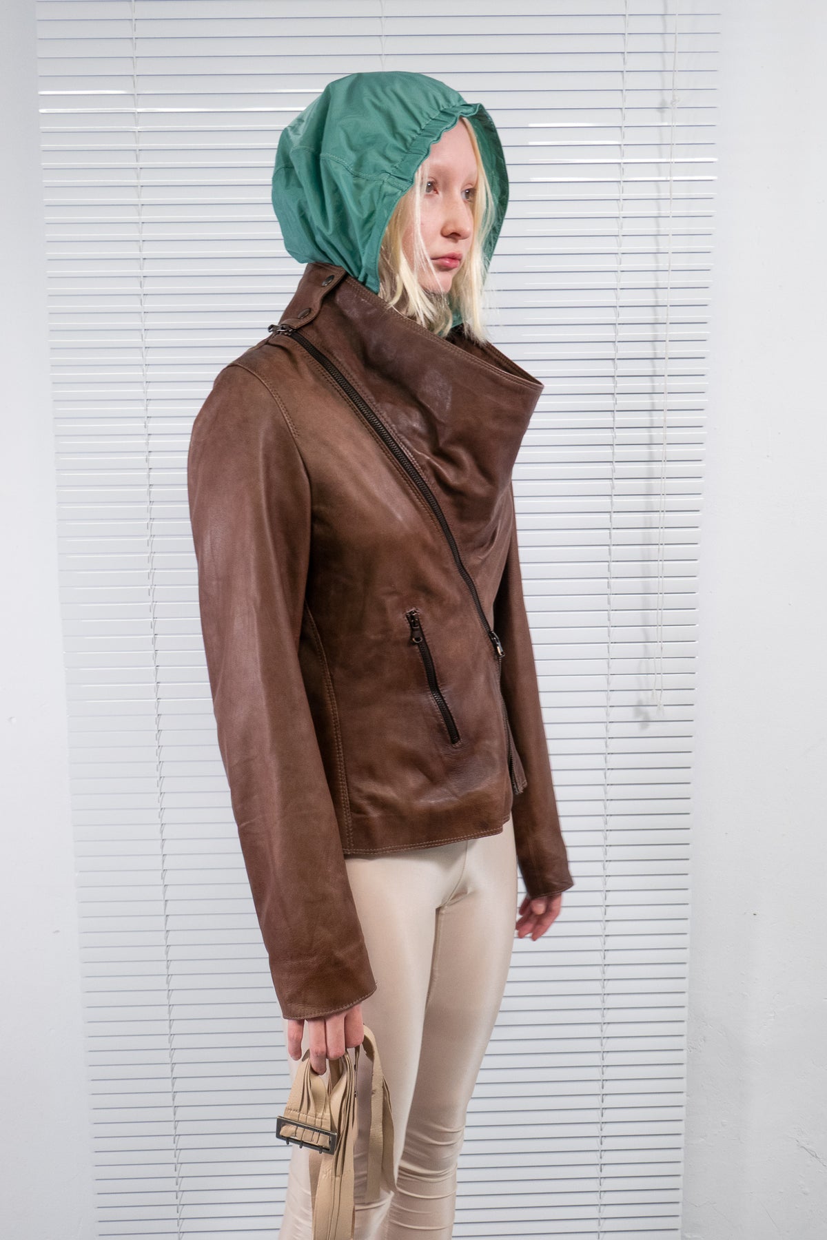BROWN ASYMMETRIC ZIP LEATHER JACKET