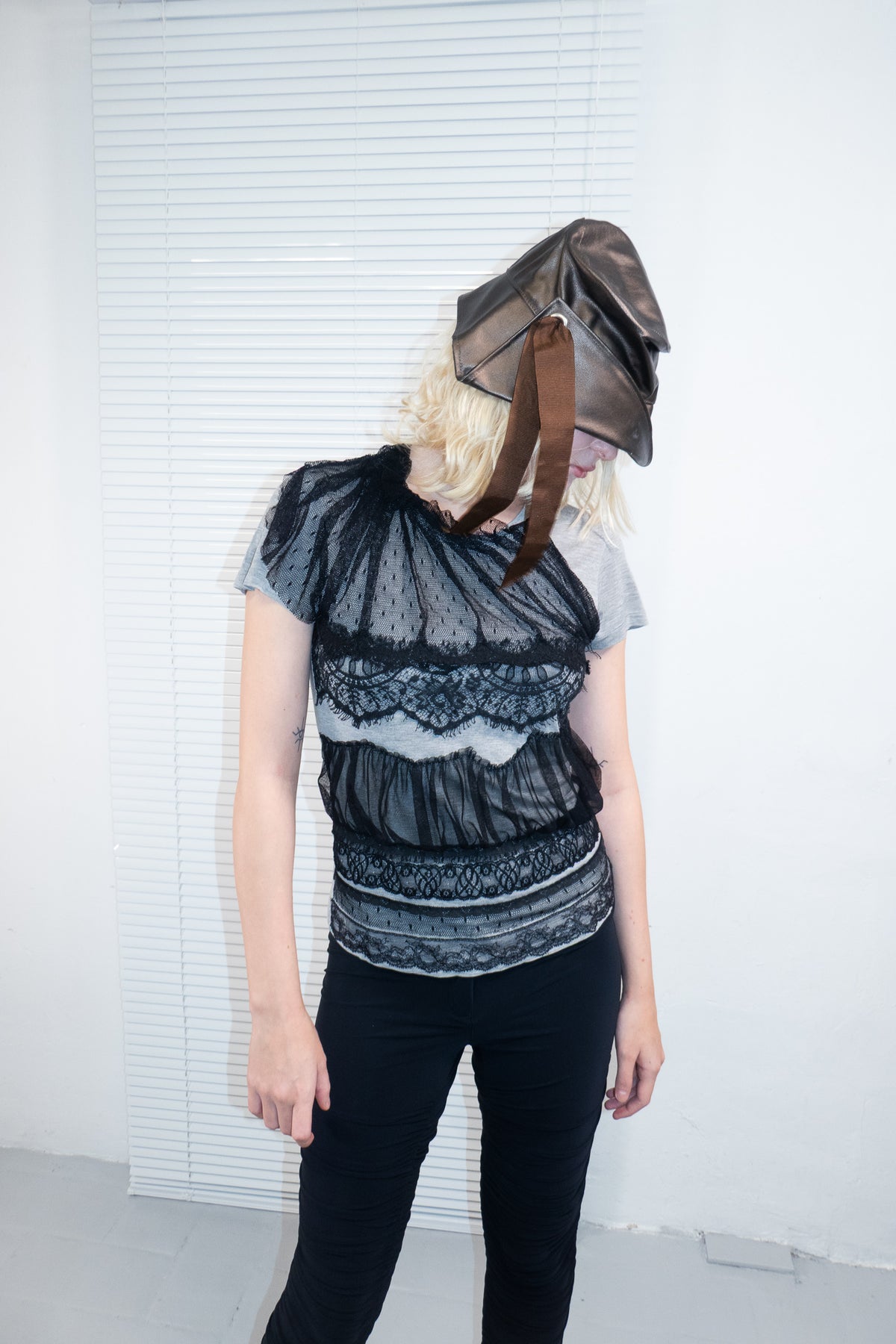 DARK BROWN LEATHER OVERSIZED SCULPTURAL BUCKET HAT