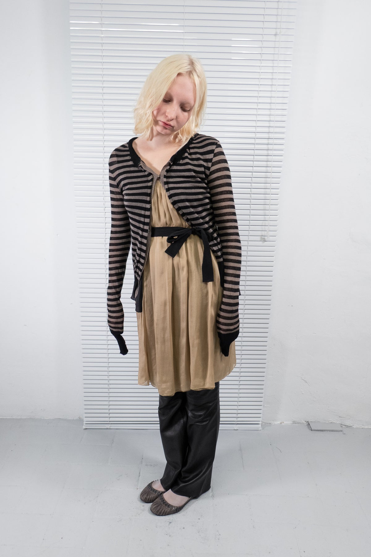 STRIPED SILK KNIT LAYERED CARDIGAN