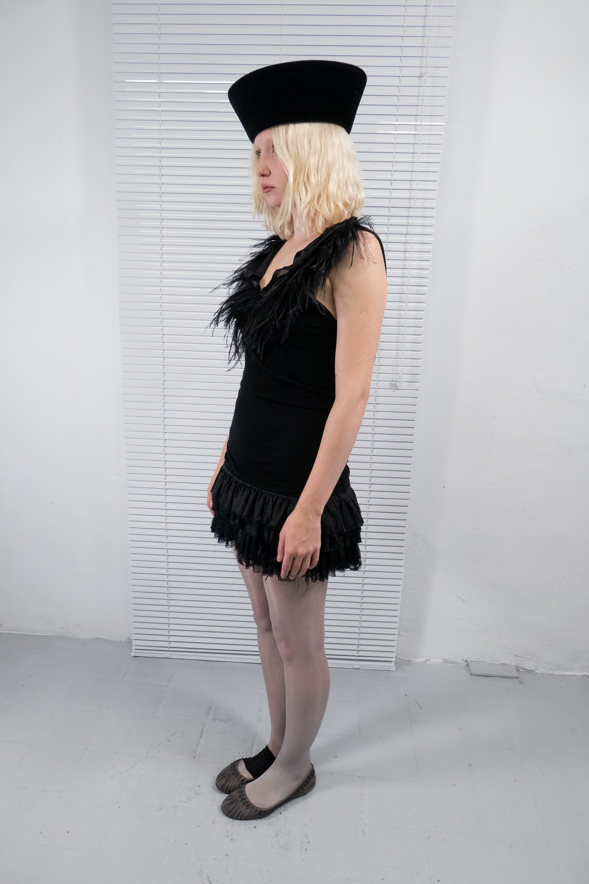 BLACK FEATHER TRIM RUFFLED MINI DRESS