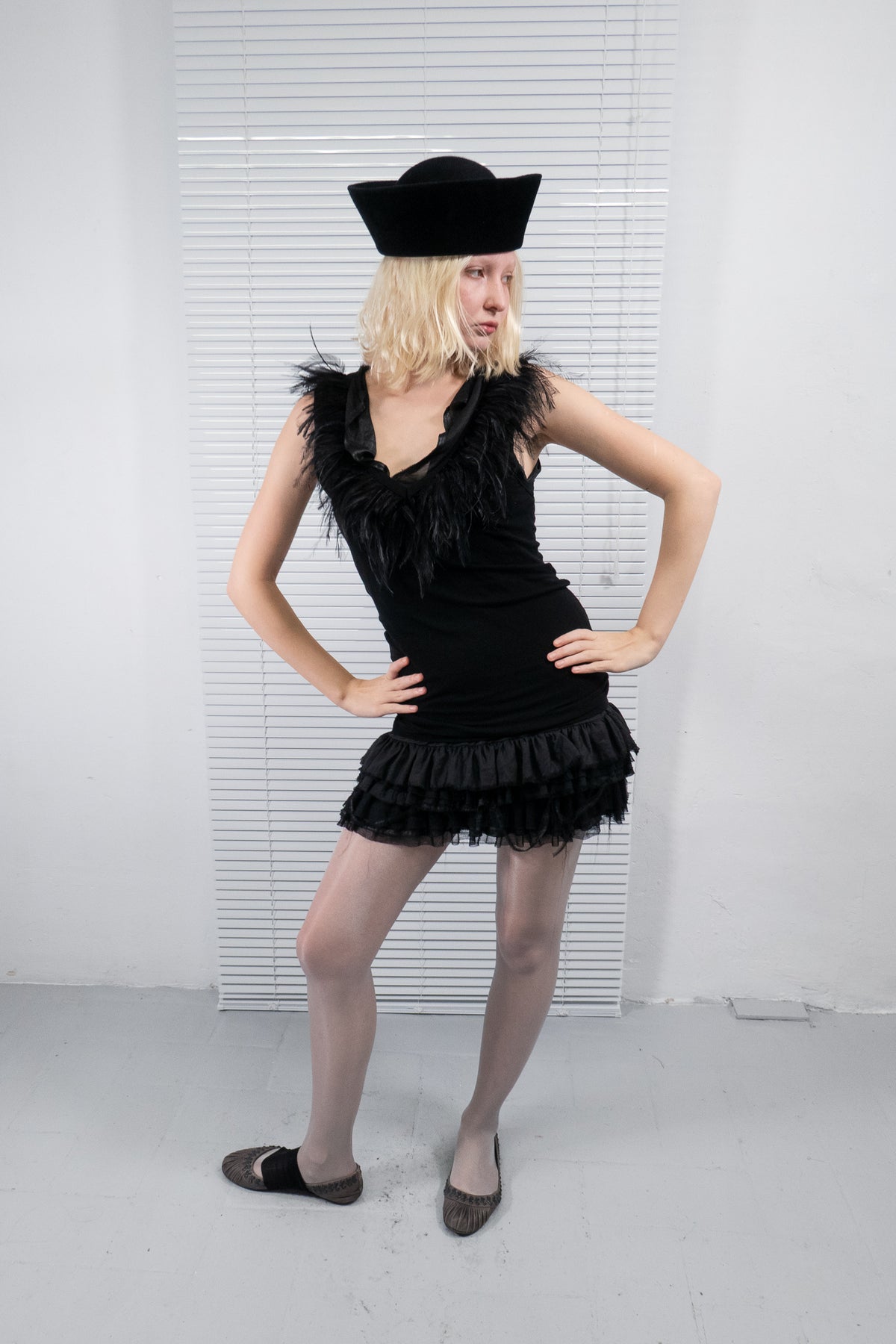 BLACK FEATHER TRIM RUFFLED MINI DRESS