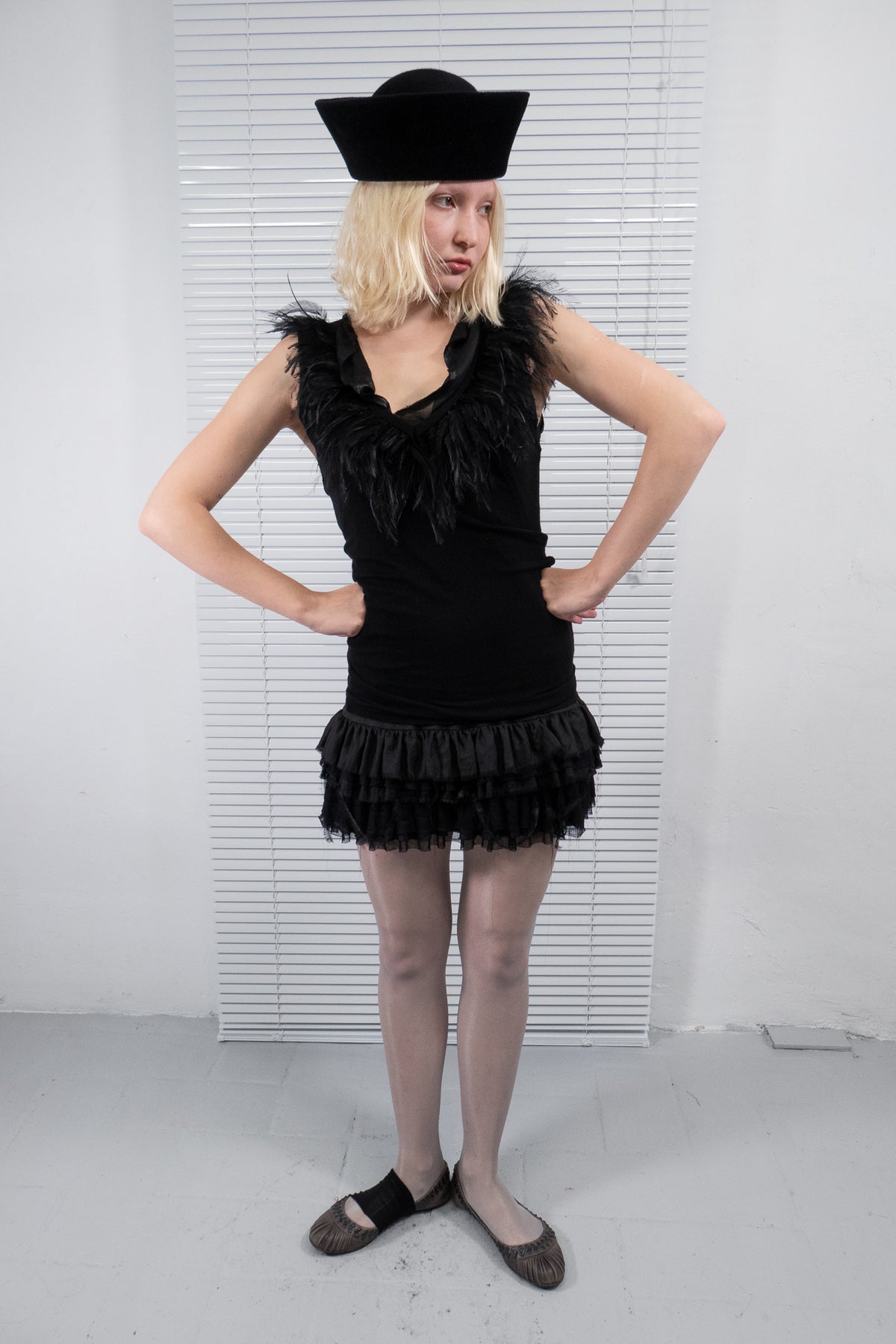 BLACK FEATHER TRIM RUFFLED MINI DRESS
