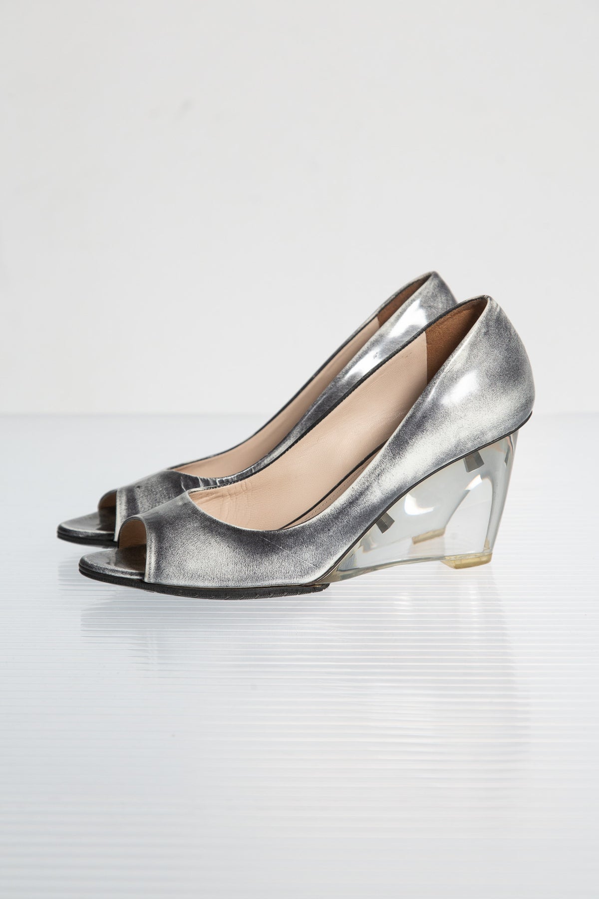 PRADA SILVER LEATHER WEDGE PUMPS