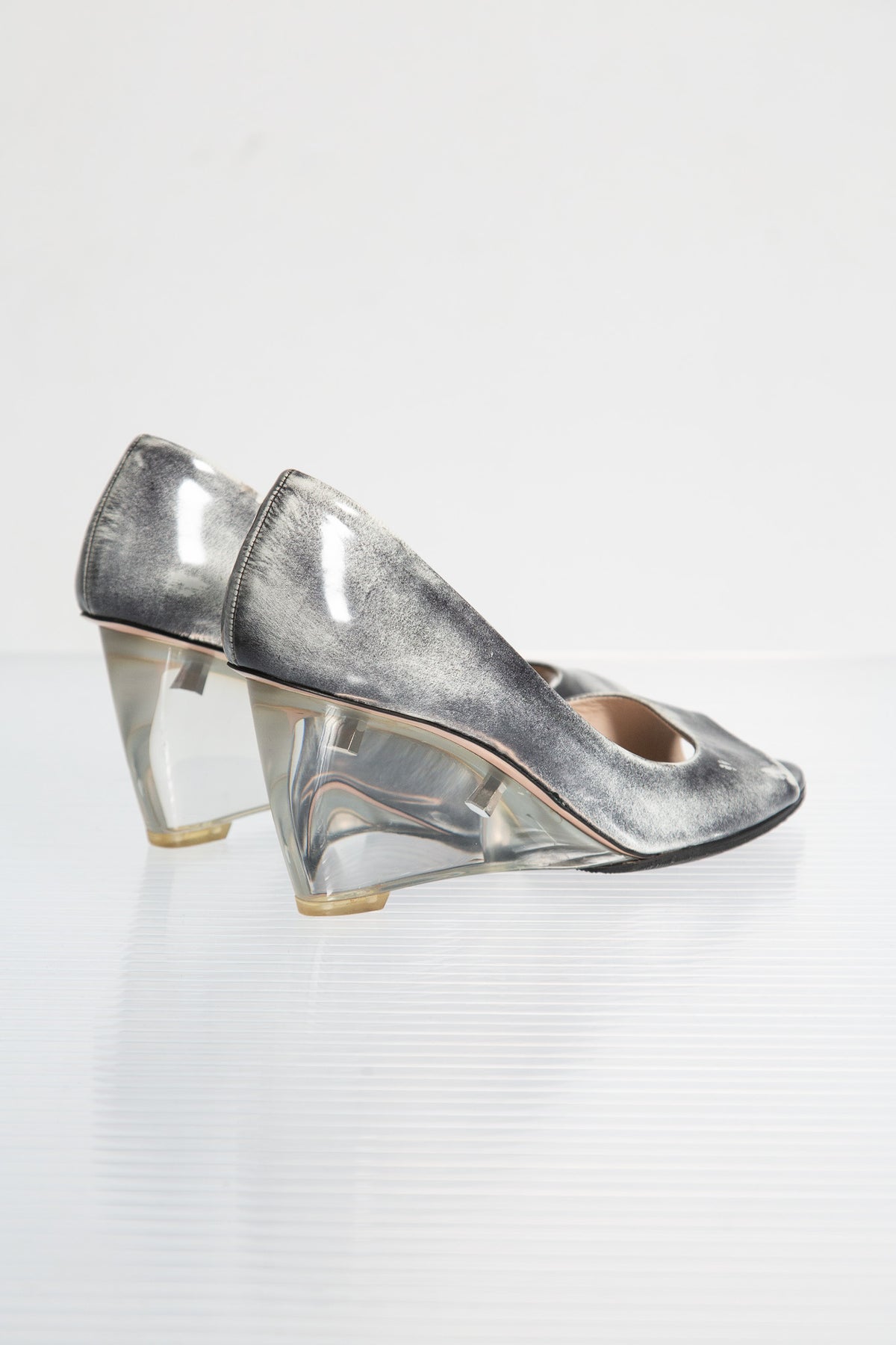 PRADA SILVER LEATHER WEDGE PUMPS