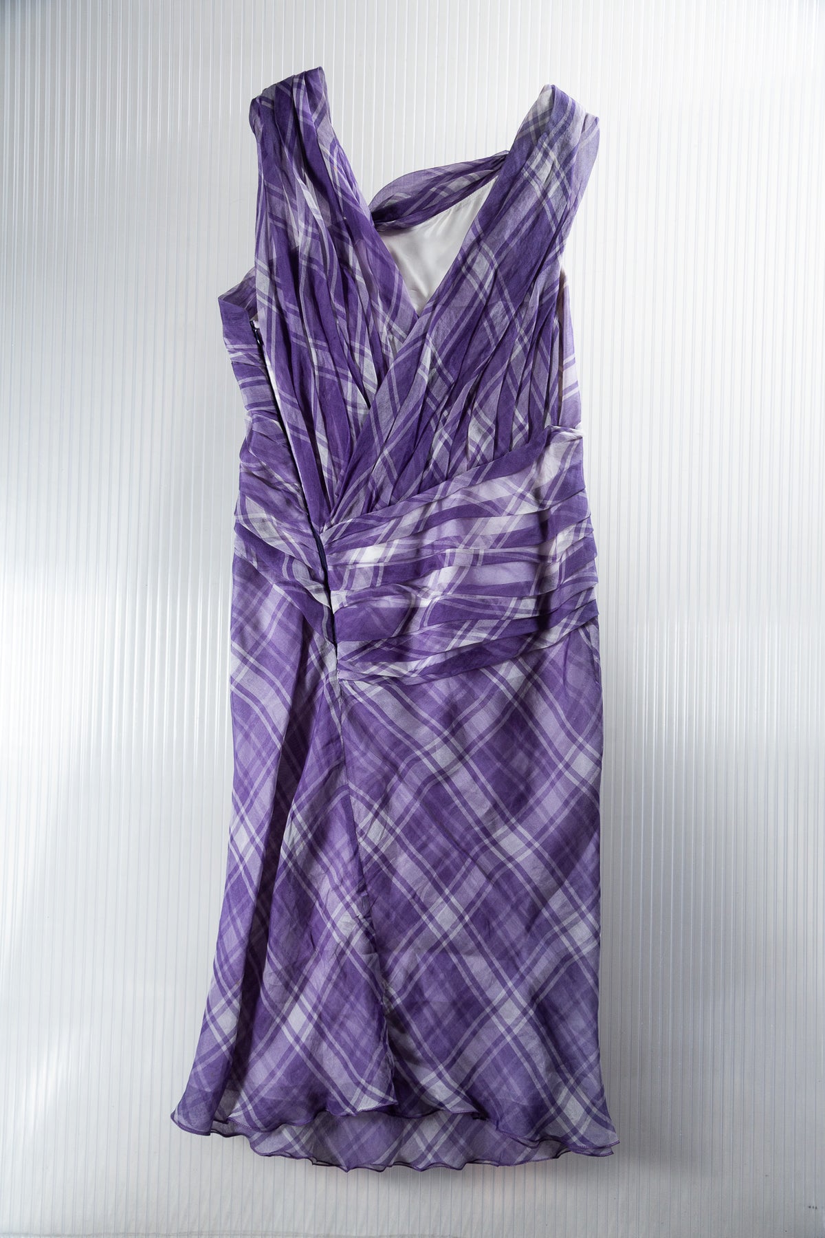 PURPLE SILK PLAID DRAPED DRESS