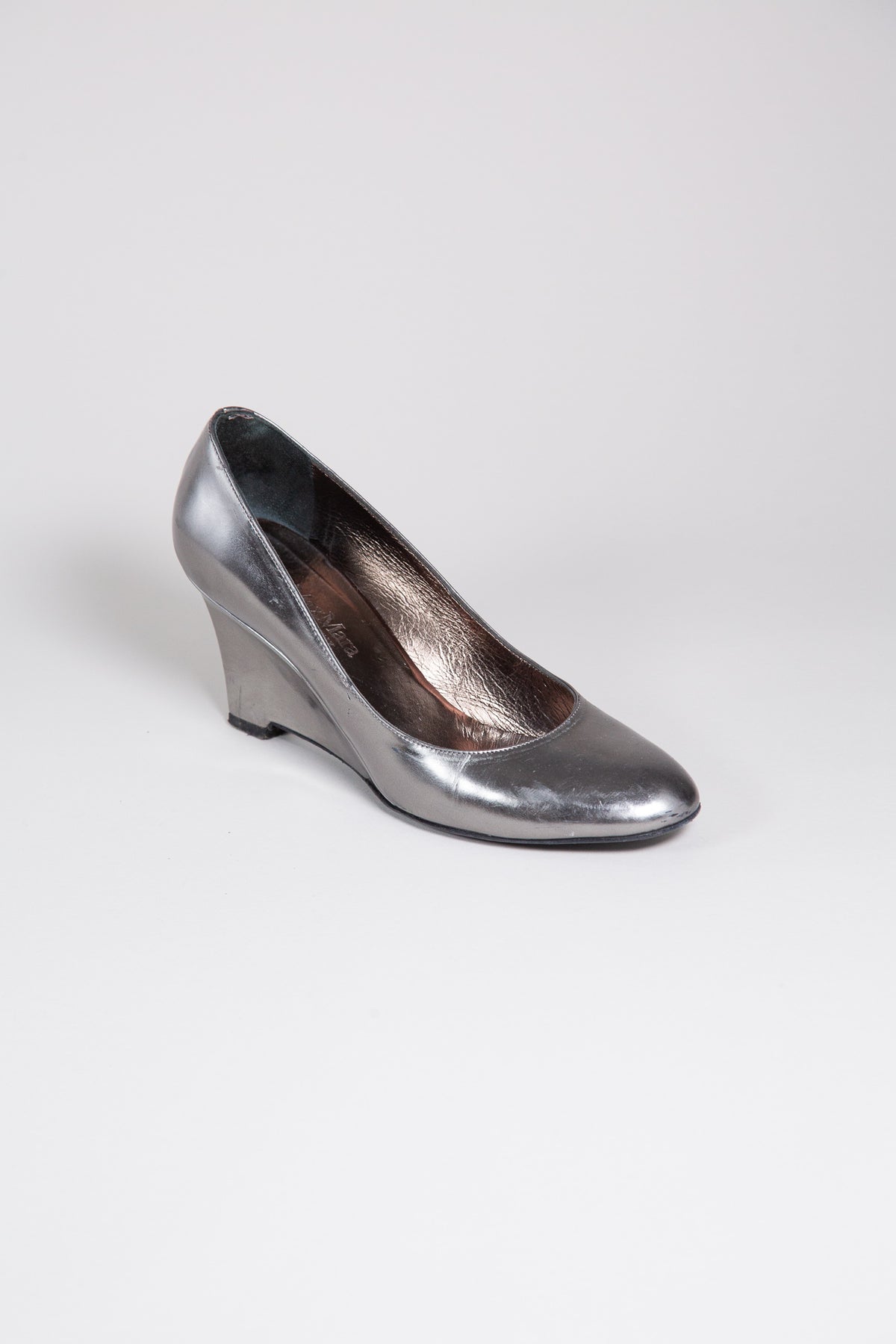 MAX MARA SILVER LEATHER SCULPTURAL WEDGE HEELS