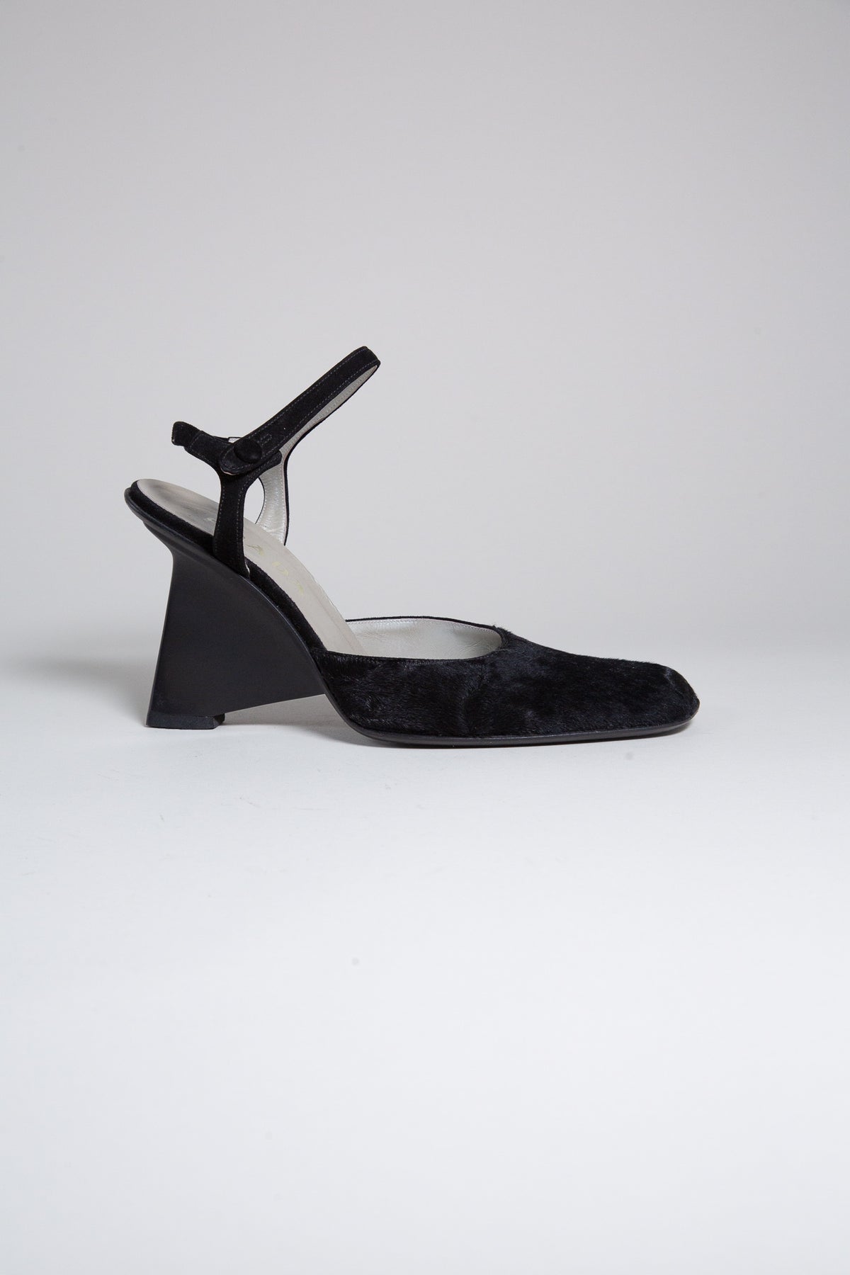 PRADA BLACK PONY HAIR SCULPTURAL HEELS