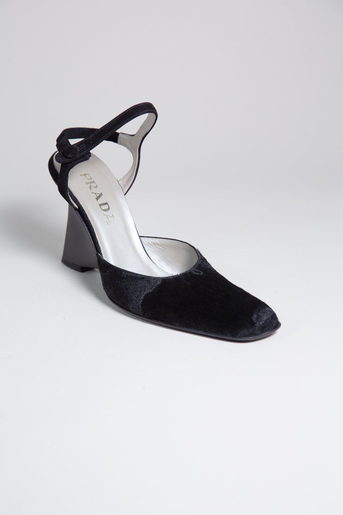 PRADA BLACK PONY HAIR SCULPTURAL HEELS