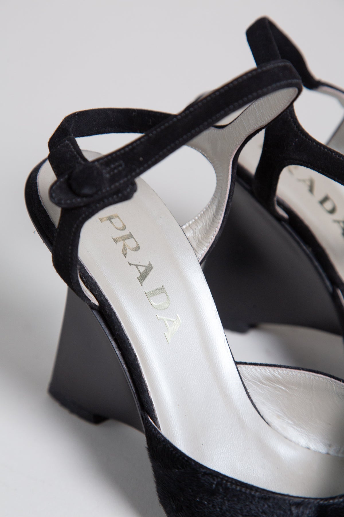 PRADA BLACK PONY HAIR SCULPTURAL HEELS