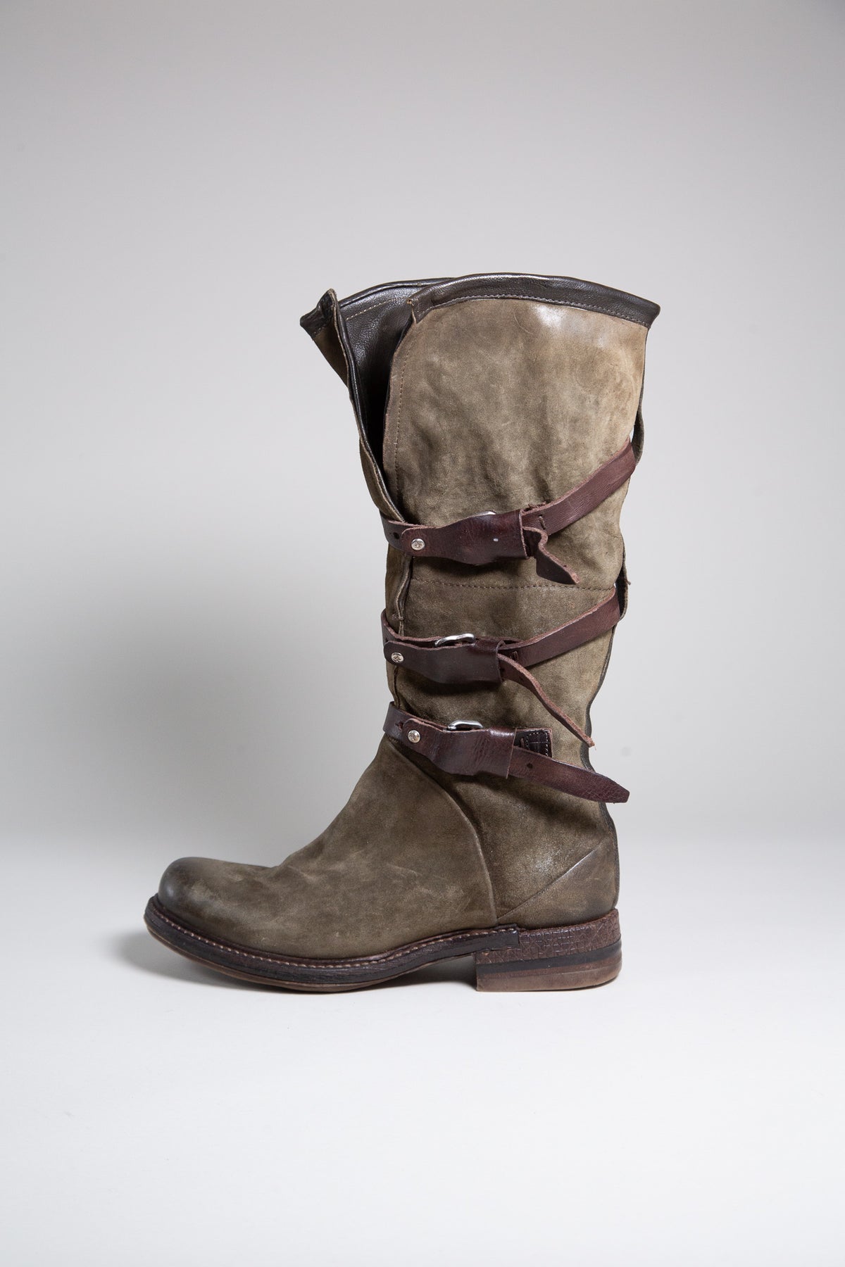 OLIVE GREEN SUEDE MULTI-BUCKLE MID-CALF BOOTS
