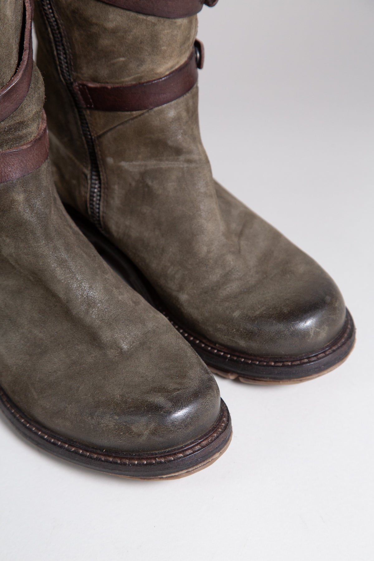 OLIVE GREEN SUEDE MULTI-BUCKLE MID-CALF BOOTS