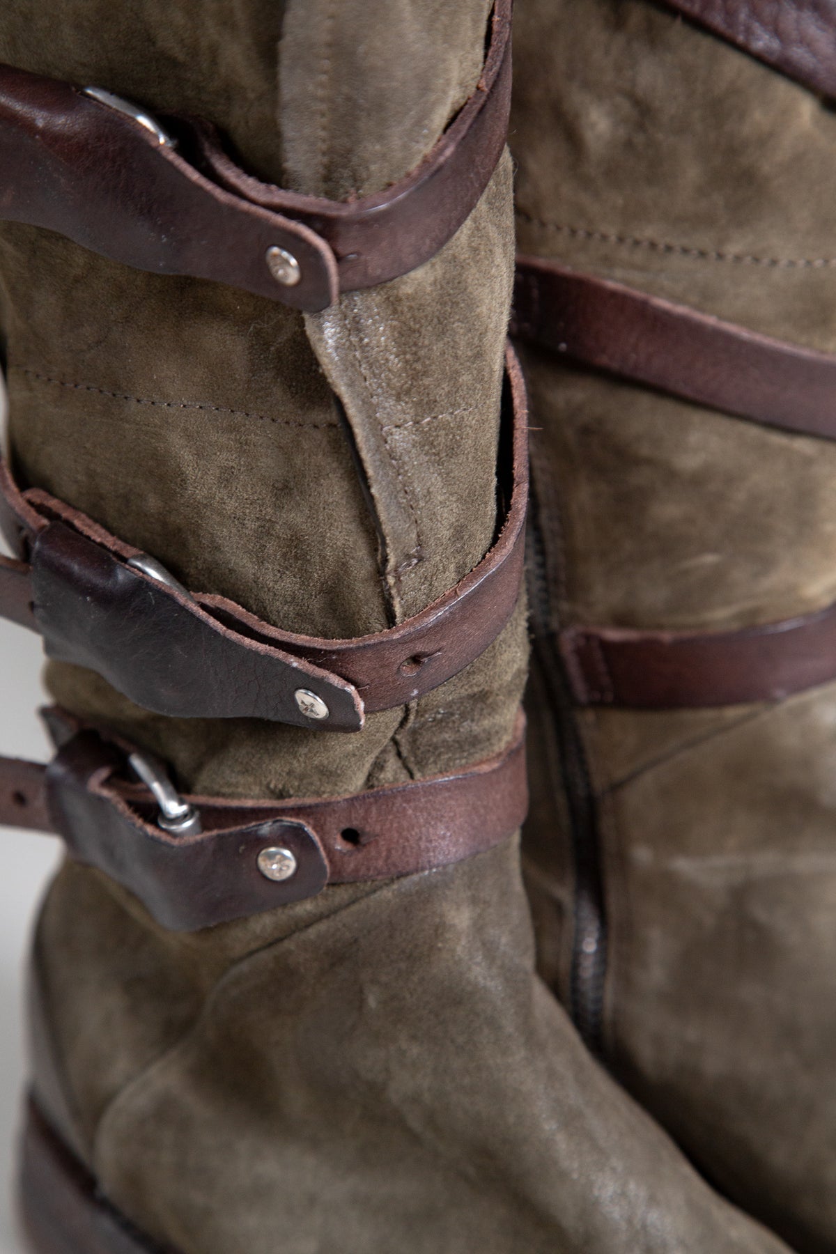 OLIVE GREEN SUEDE MULTI-BUCKLE MID-CALF BOOTS