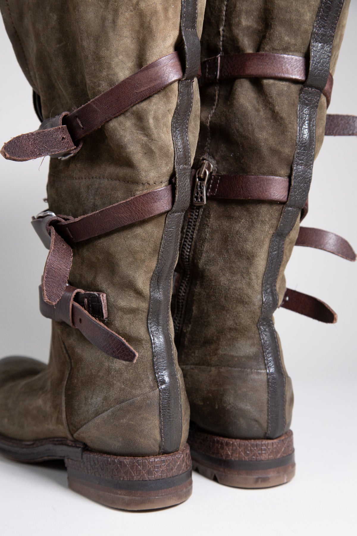OLIVE GREEN SUEDE MULTI-BUCKLE MID-CALF BOOTS