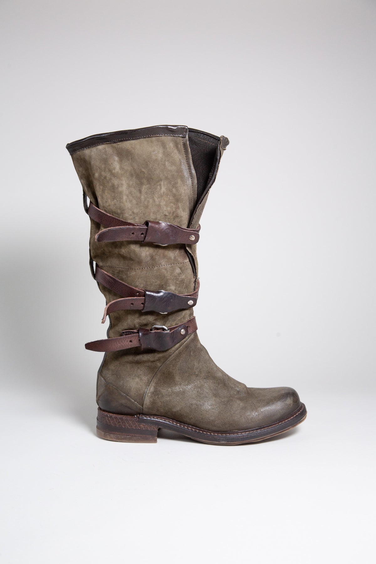 OLIVE GREEN SUEDE MULTI-BUCKLE MID-CALF BOOTS