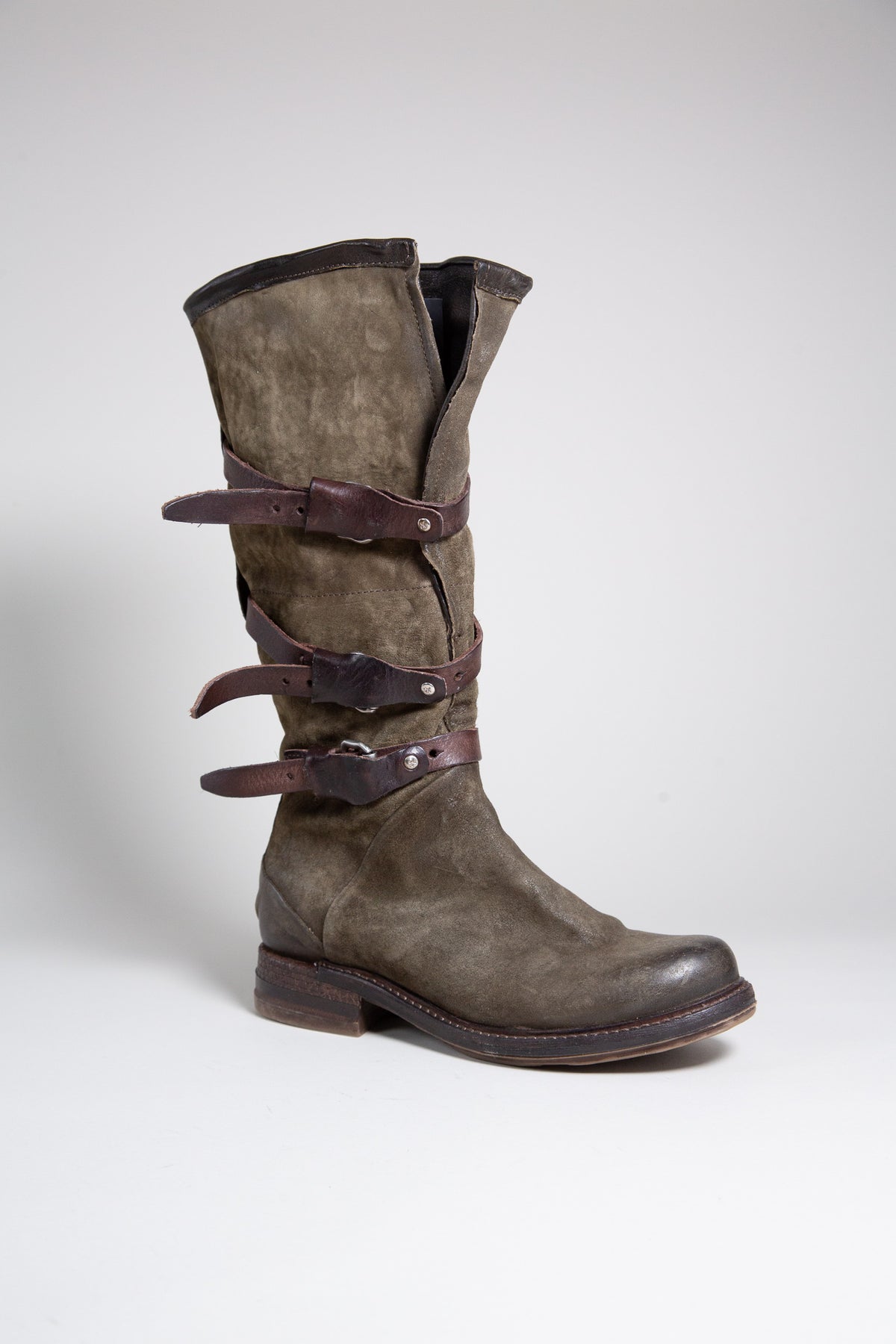 OLIVE GREEN SUEDE MULTI-BUCKLE MID-CALF BOOTS