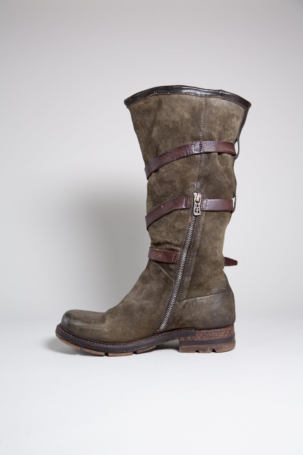 OLIVE GREEN SUEDE MULTI-BUCKLE MID-CALF BOOTS