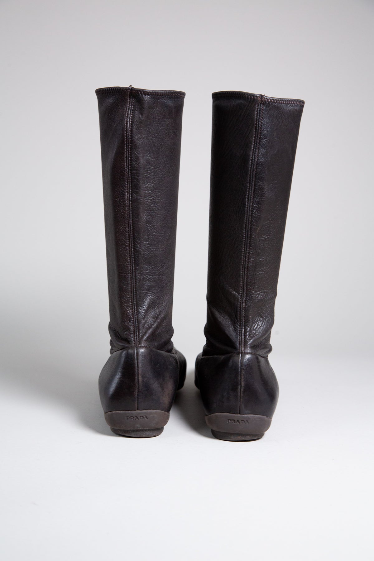 PRADA BROWN LEATHER FLAT MID-CALF BOOTS