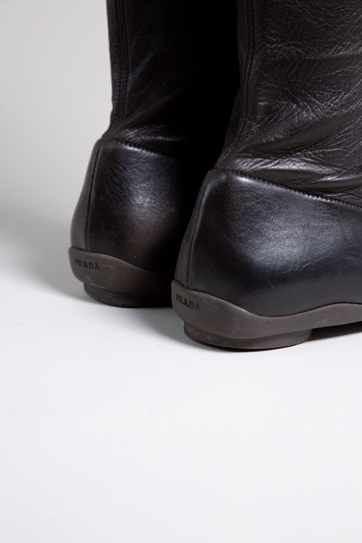 PRADA BROWN LEATHER FLAT MID-CALF BOOTS