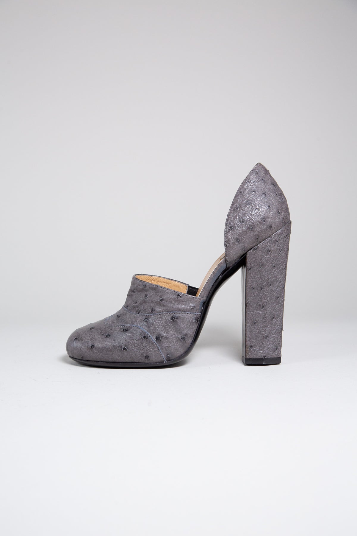 MIU MIU GREY OSTRICH LEATHER BLOCK HEEL PUMPS
