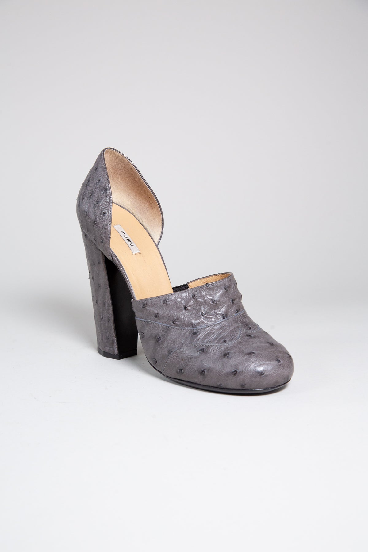 MIU MIU GREY OSTRICH LEATHER BLOCK HEEL PUMPS