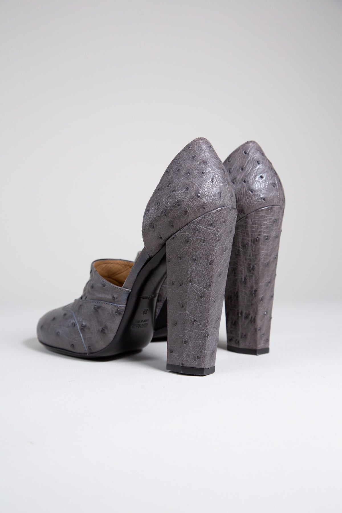 MIU MIU GREY OSTRICH LEATHER BLOCK HEEL PUMPS