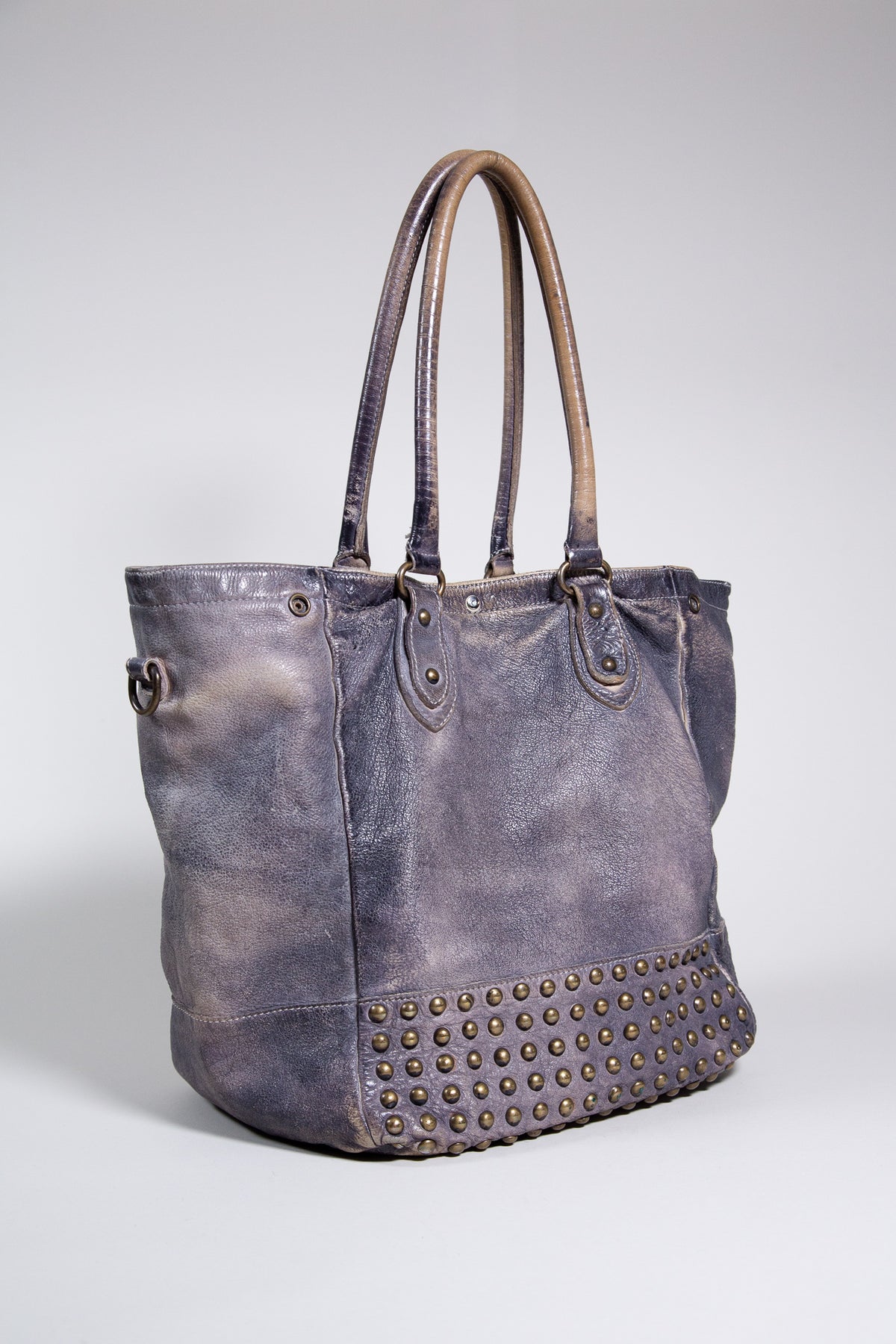 DISTRESSED LEATHER STUDDED SHOULDER BAG