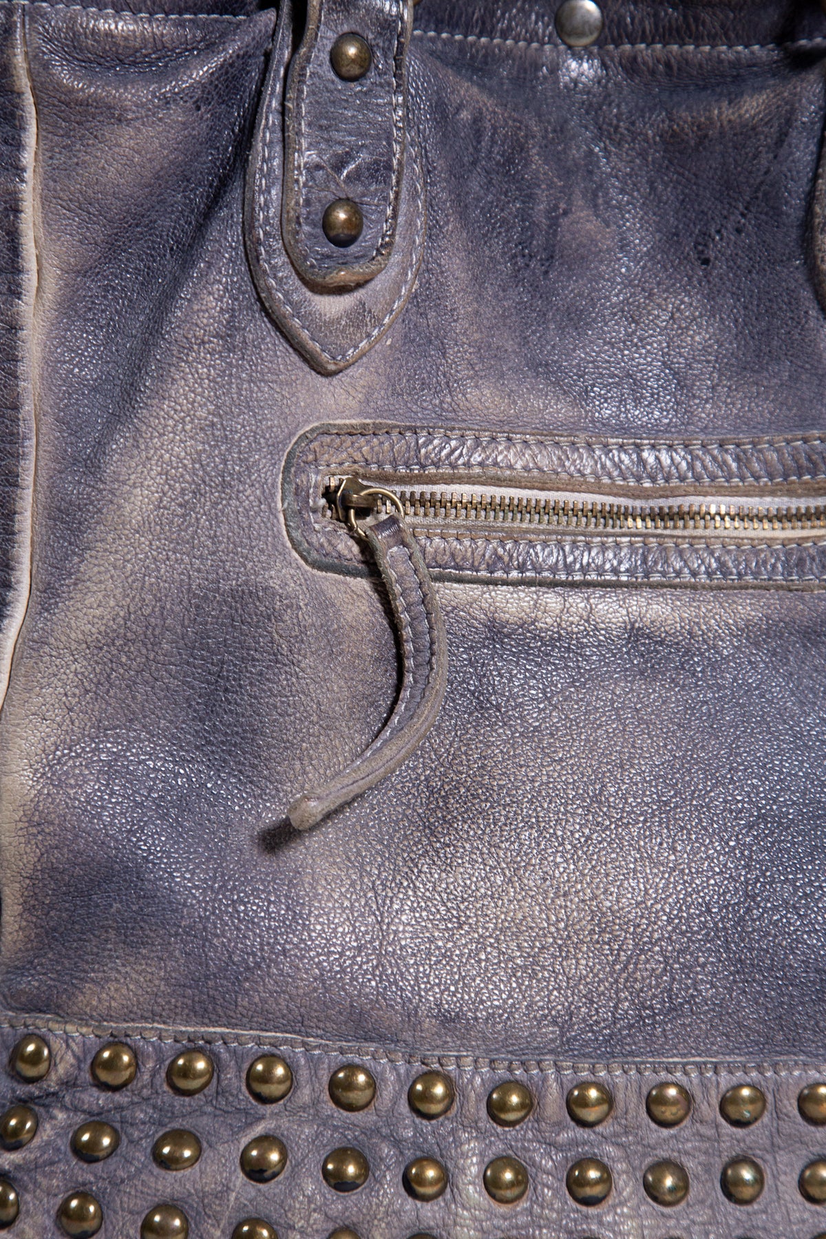 DISTRESSED LEATHER STUDDED SHOULDER BAG