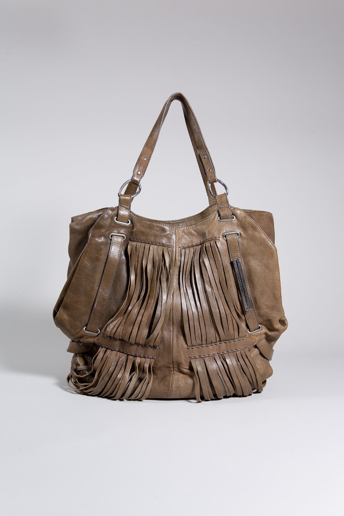 COSTUME NATIONAL BROWN LEATHER FRINGE TOTE BAG